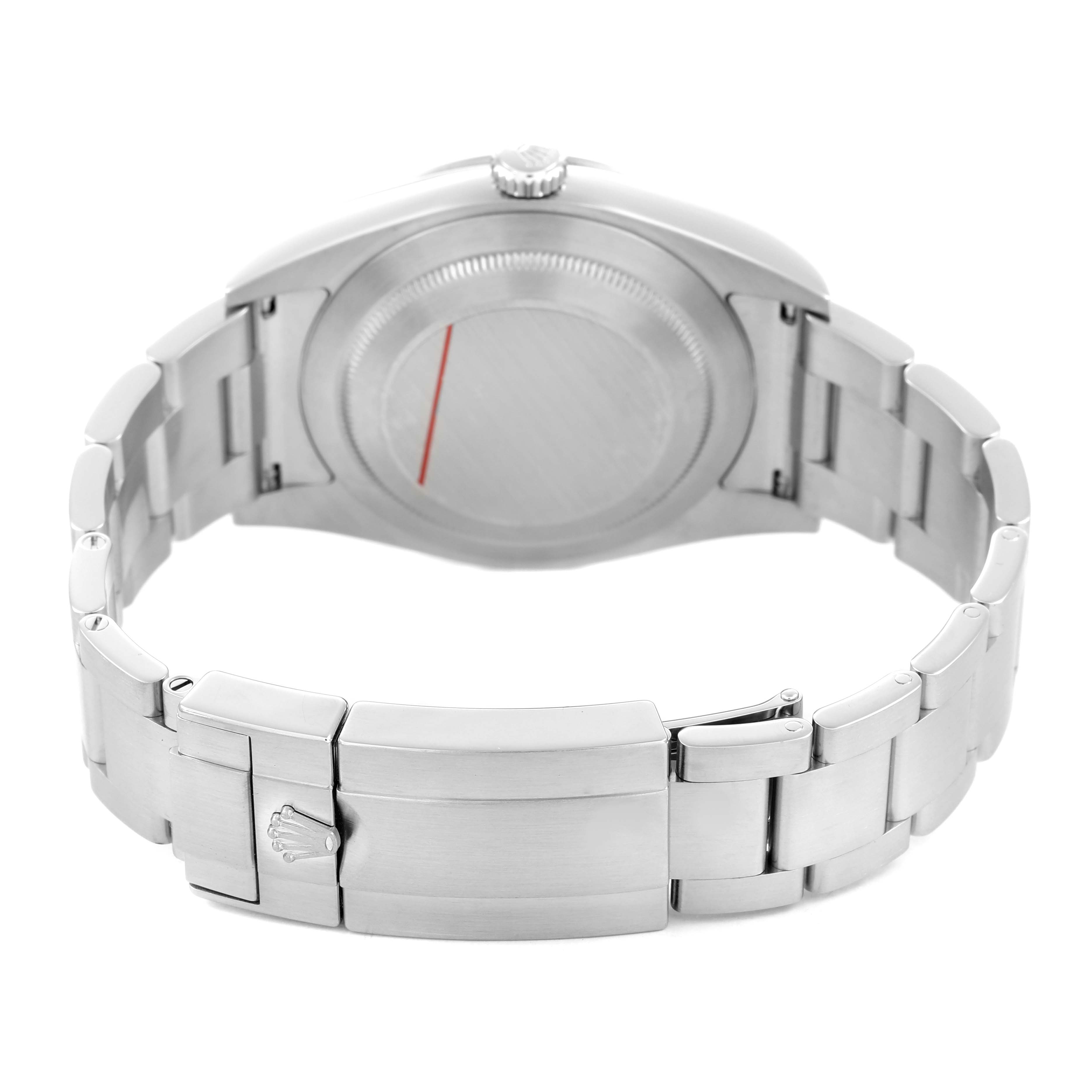 The image shows the back of the Rolex Explorer M214270-0003 Men's Stainless Steel Black Dial, highlighting the case back, crown, and bracelet clasp.