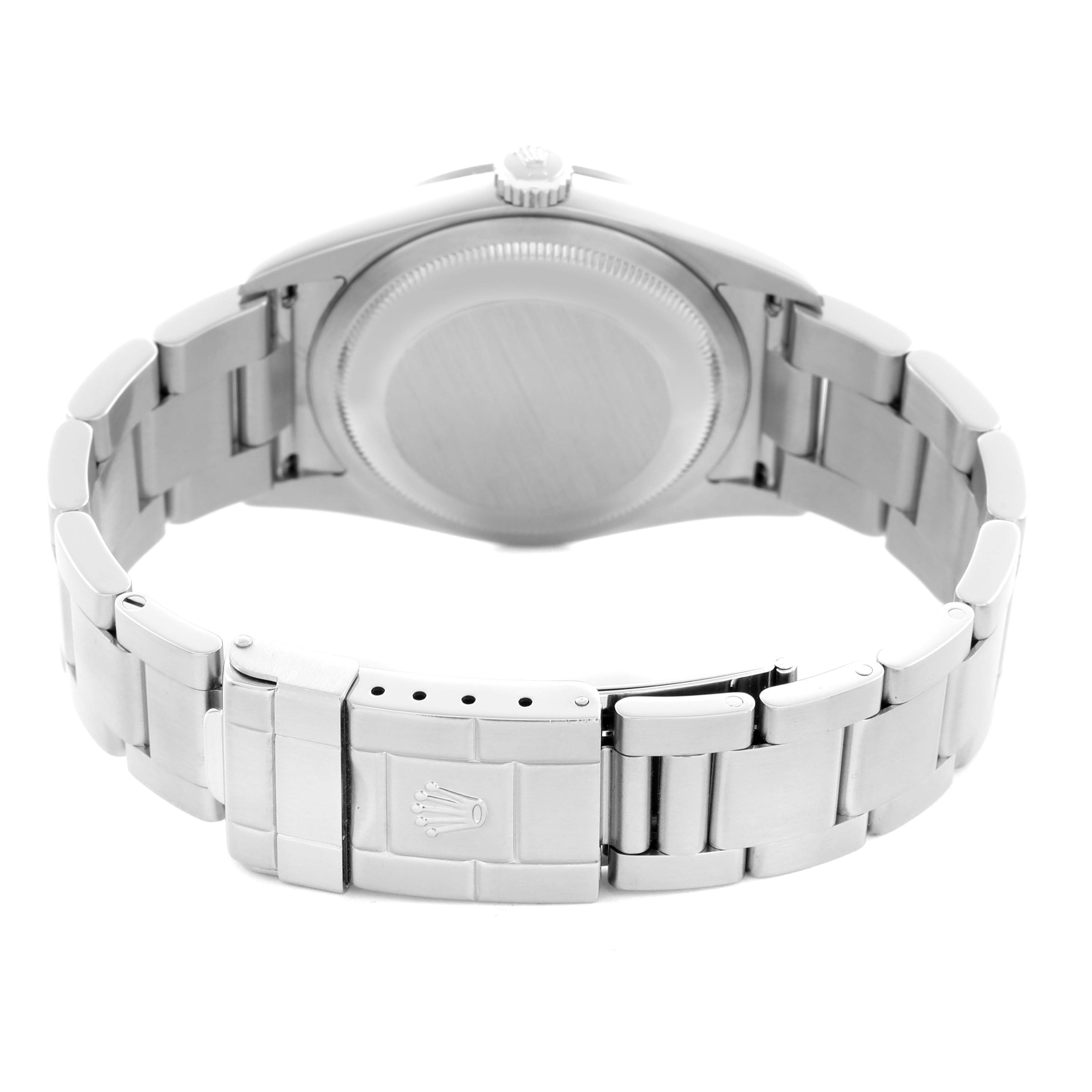 The image shows the back view of the Rolex Explorer 114270 Men's Stainless Steel Black Dial 114270 Men's Stainless Steel Black Dial, highlighting the case back and bracelet with the clasp visible.