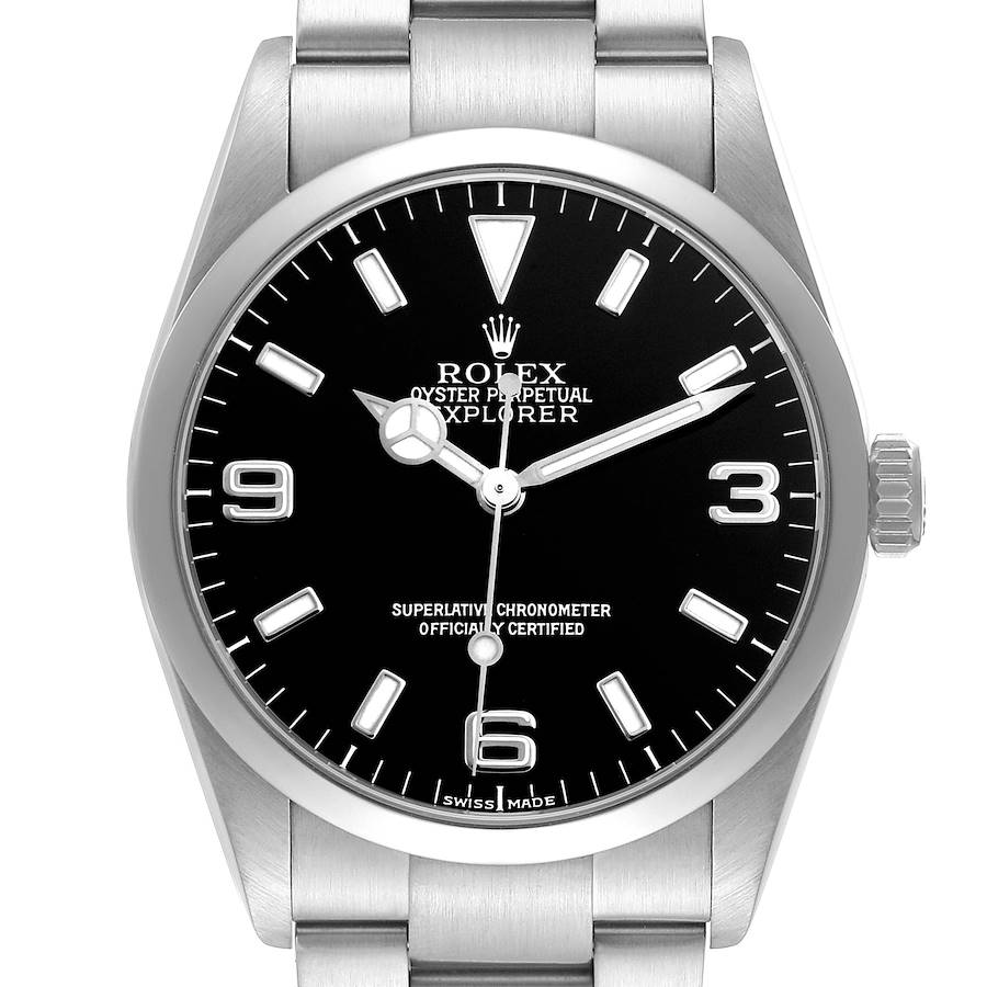 The Rolex Explorer watch is shown from a front angle, displaying the dial, bezel, crown, and part of the bracelet.