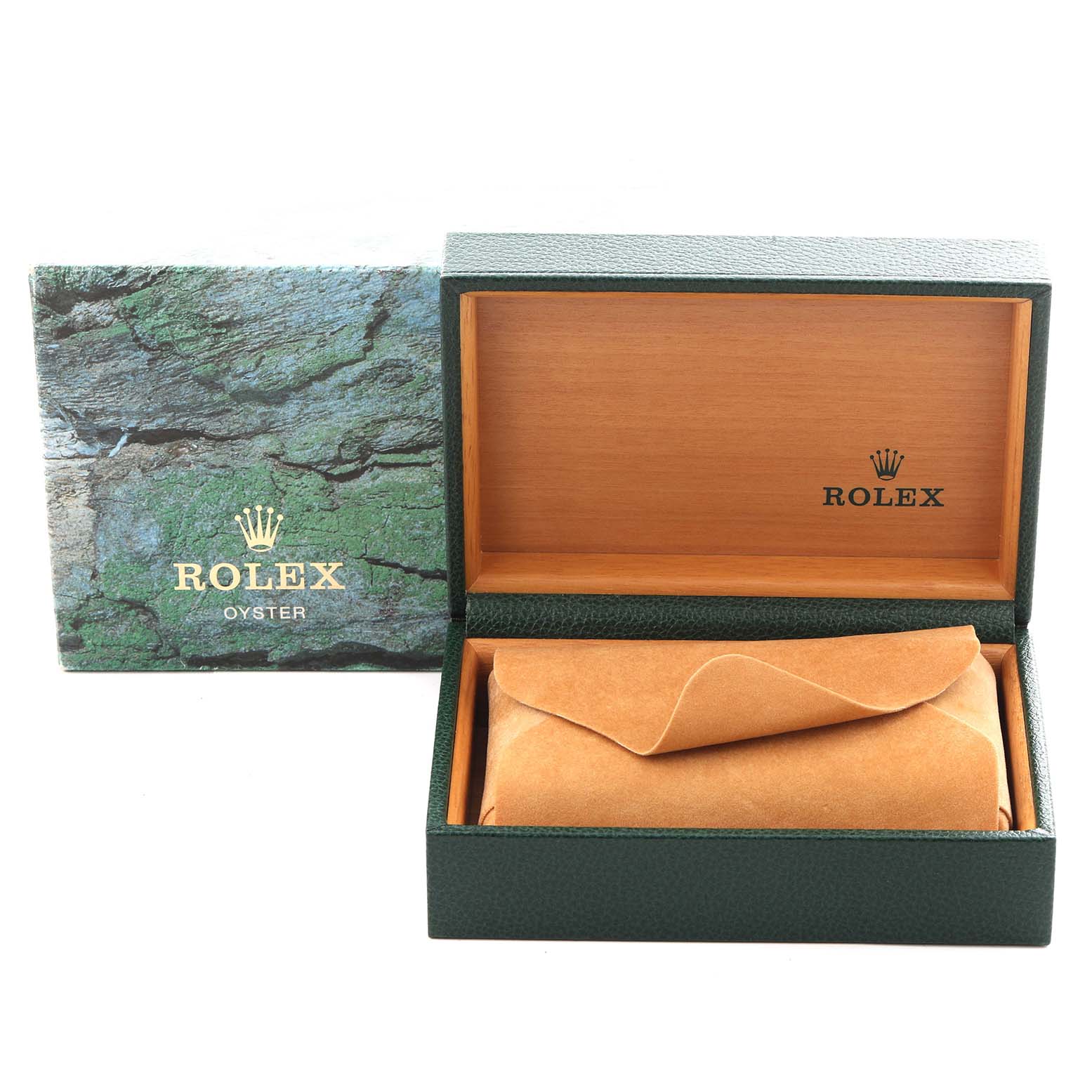 The image shows a Rolex Explorer 114270 Men's Stainless Steel Black Dial 114270 Men's Stainless Steel Black Dial box and sleeve, with the inner box open, displaying a protective wrap inside.