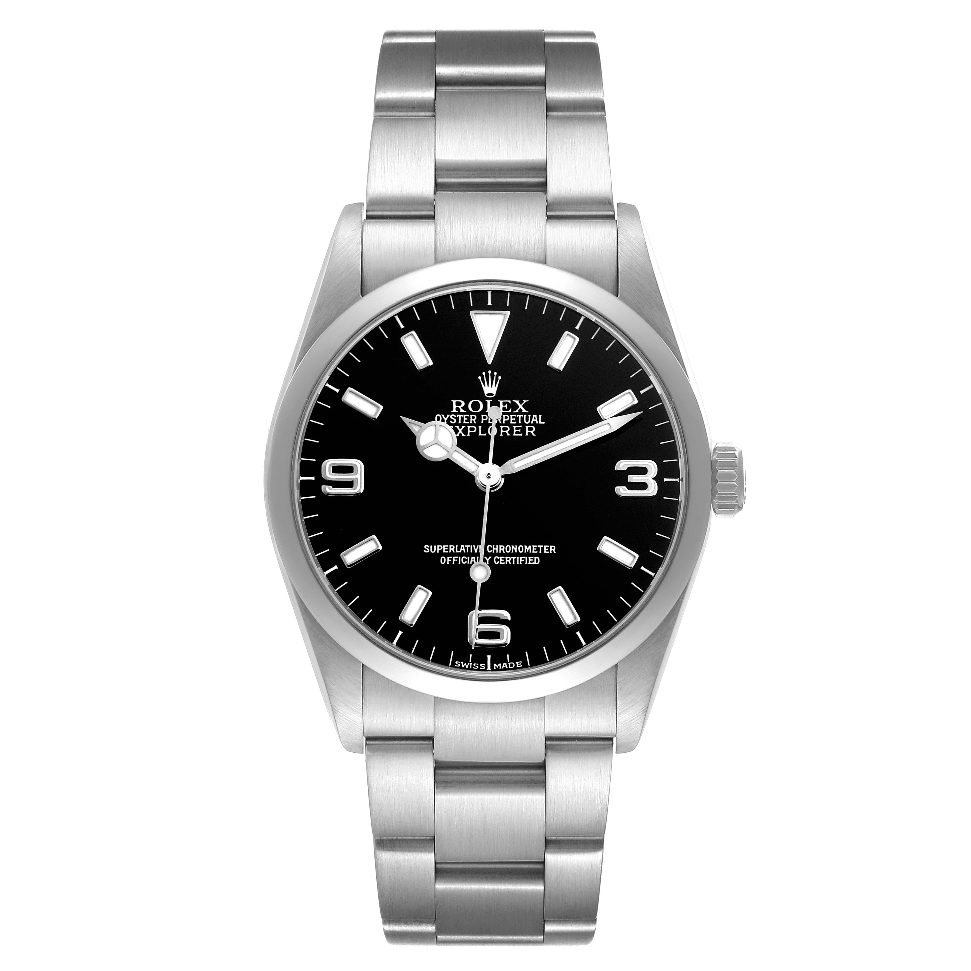 The Rolex Explorer 114270 Men's Stainless Steel Black Dial 114270 Men's Stainless Steel Black Dial watch is shown from a front angle, displaying the dial, case, bezel, bracelet, and crown.