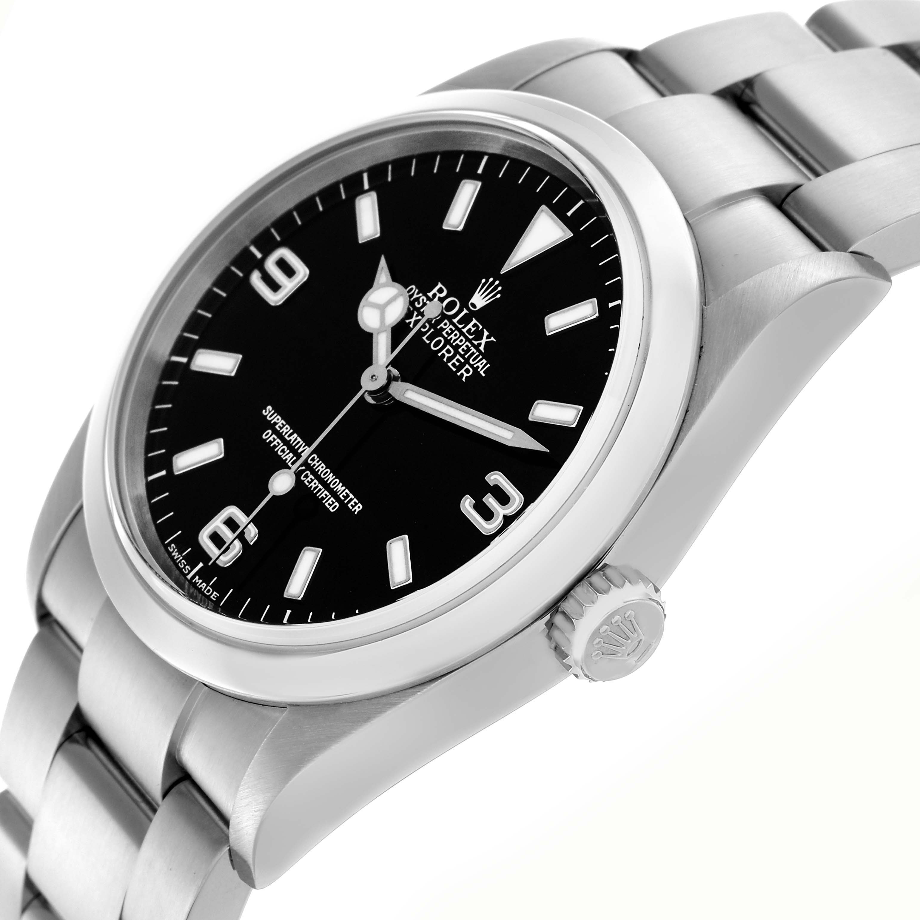 The Rolex Explorer 114270 Men's Stainless Steel Black Dial 114270 Men's Stainless Steel Black Dial watch is shown from a high-angle side view, displaying the dial, bezel, crown, and part of the bracelet.