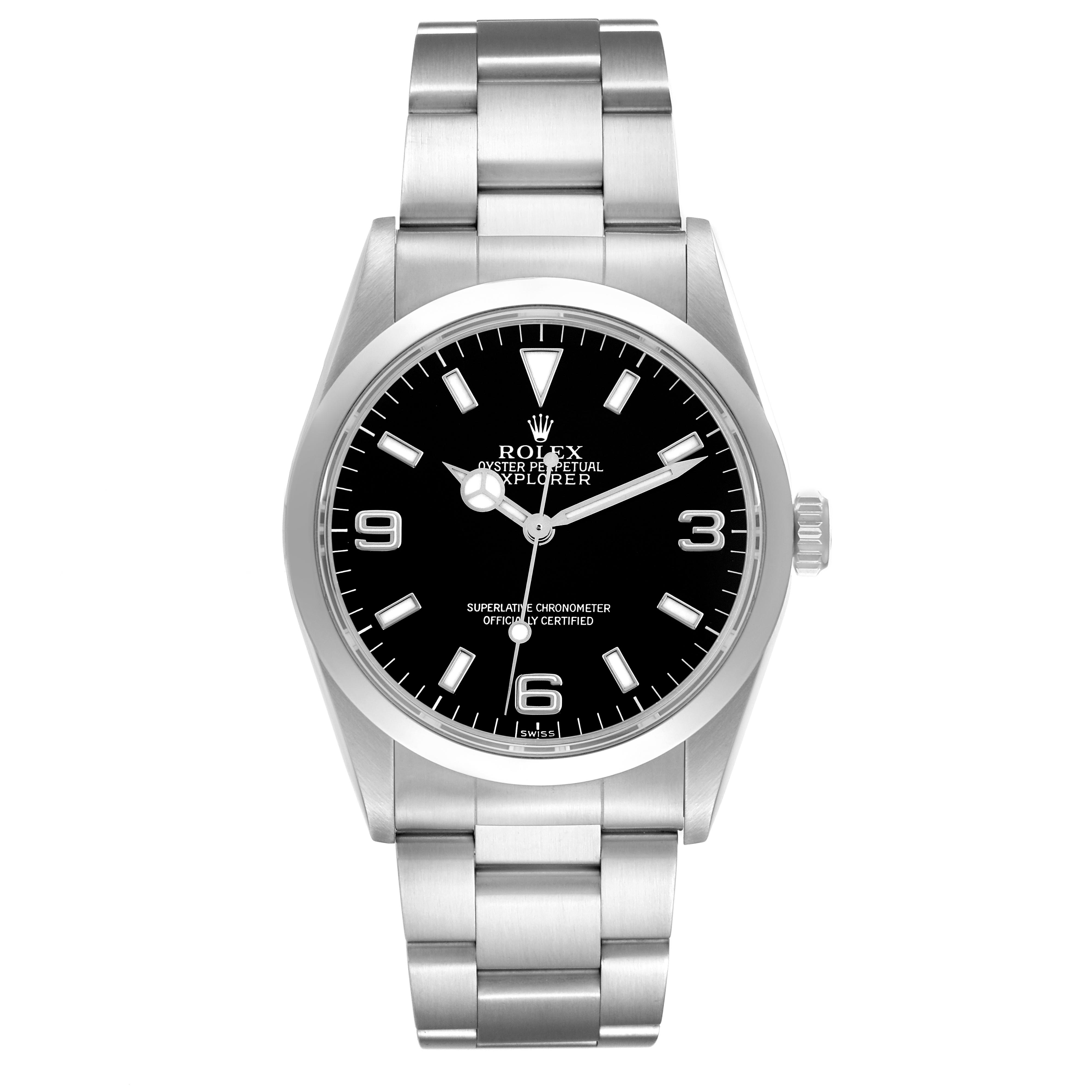 The image shows a front view of the Rolex Explorer 14270 Men's Stainless Steel Black Dial 14270 Men's Stainless Steel Black Dial watch, highlighting the dial, hands, case, and bracelet.