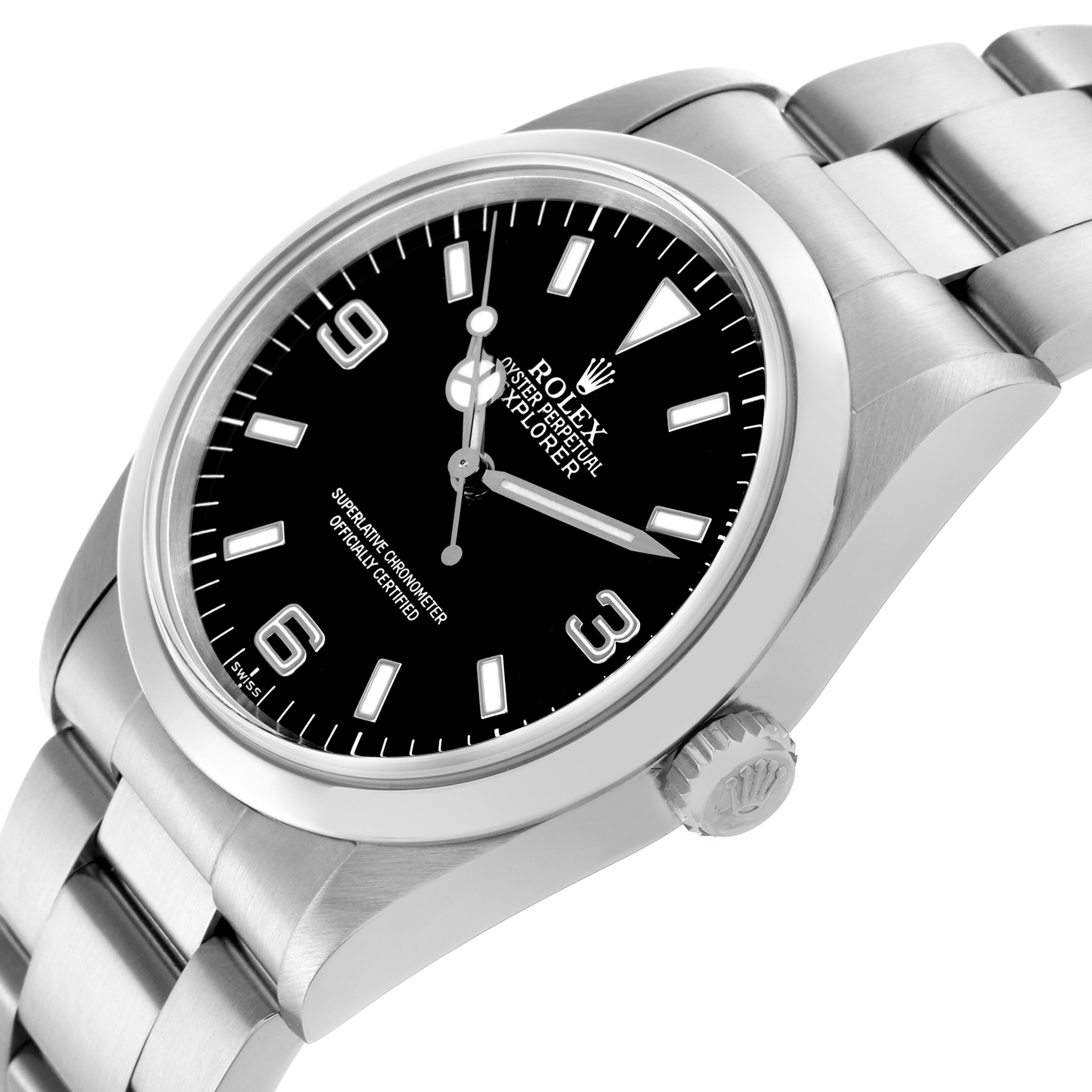 The Rolex Explorer 14270 Men's Stainless Steel Black Dial 14270 Men's Stainless Steel Black Dial watch is shown at a slight angle, displaying the face, bezel, and bracelet links.