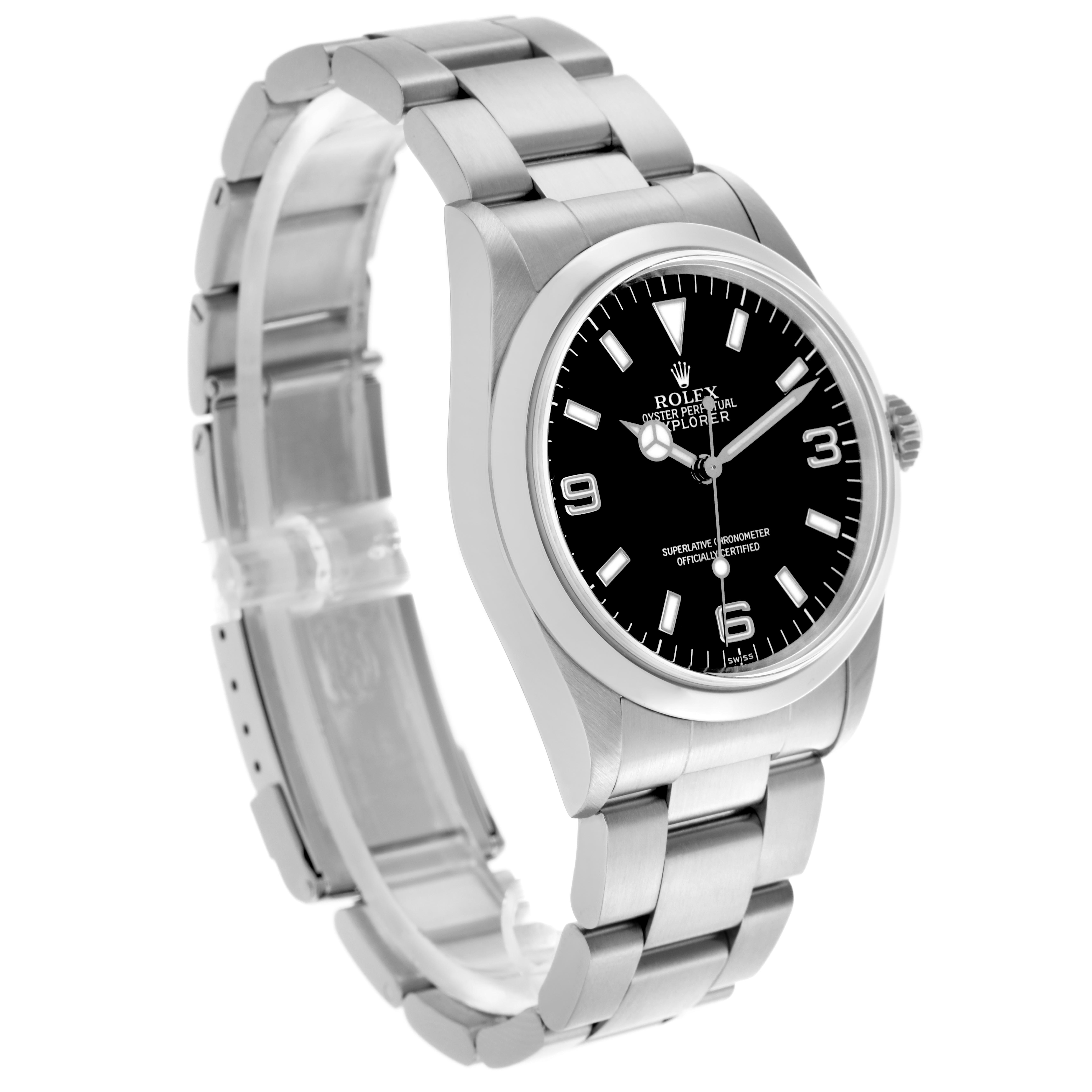 The Rolex Explorer 14270 Men's Stainless Steel Black Dial 14270 Men's Stainless Steel Black Dial is shown at a three-quarter angle, displaying the stainless steel bracelet, case, and black dial clearly.