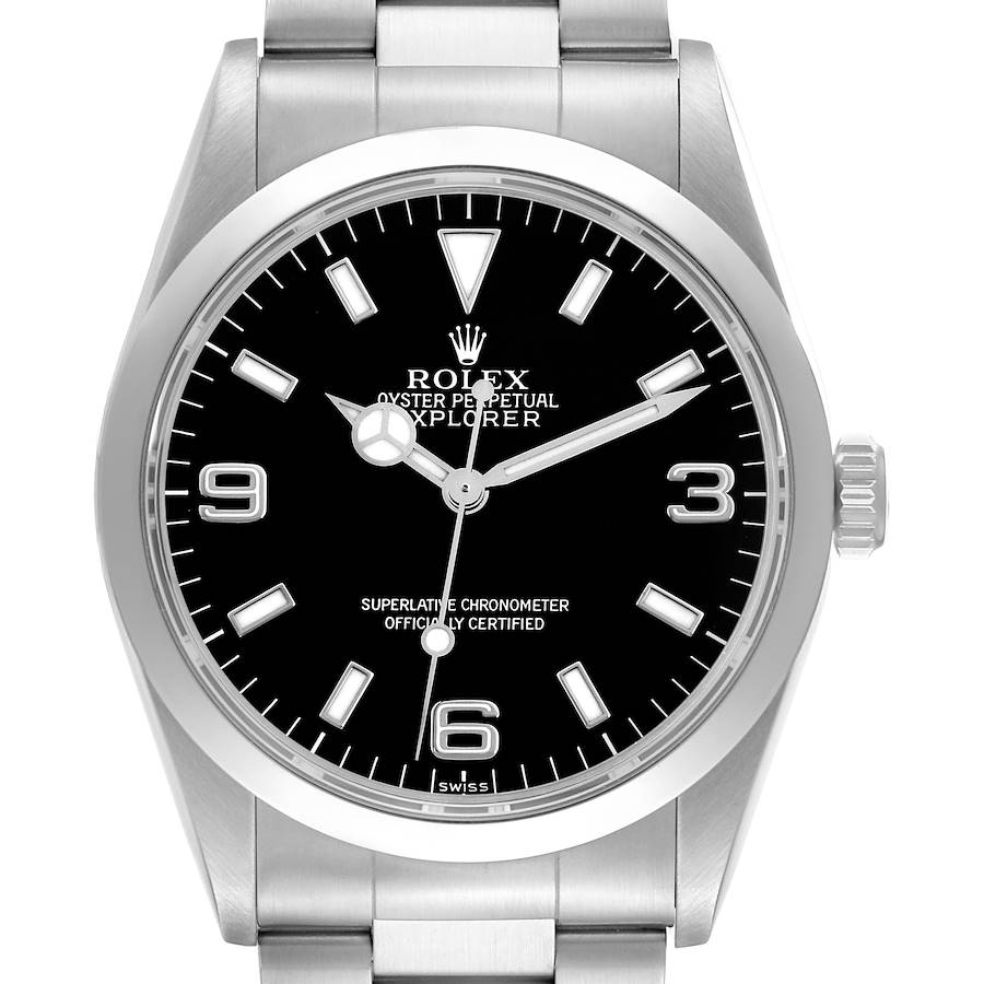 The Rolex Explorer watch is shown from a straight-on angle, displaying the dial, bezel, and part of the bracelet.