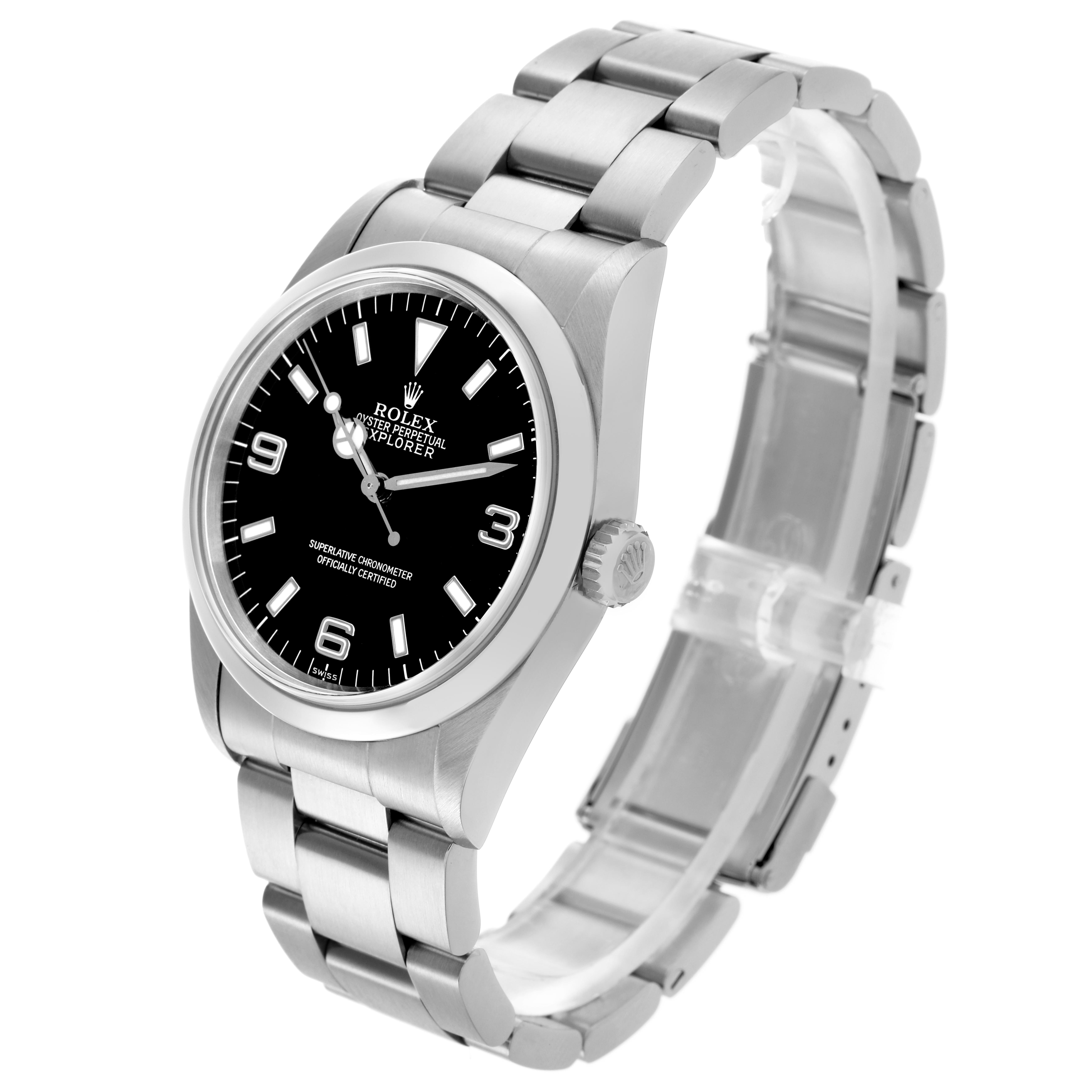 The Rolex Explorer 14270 Men's Stainless Steel Black Dial 14270 Men's Stainless Steel Black Dial watch is shown from a side angle, displaying the face, crown, and part of the bracelet.