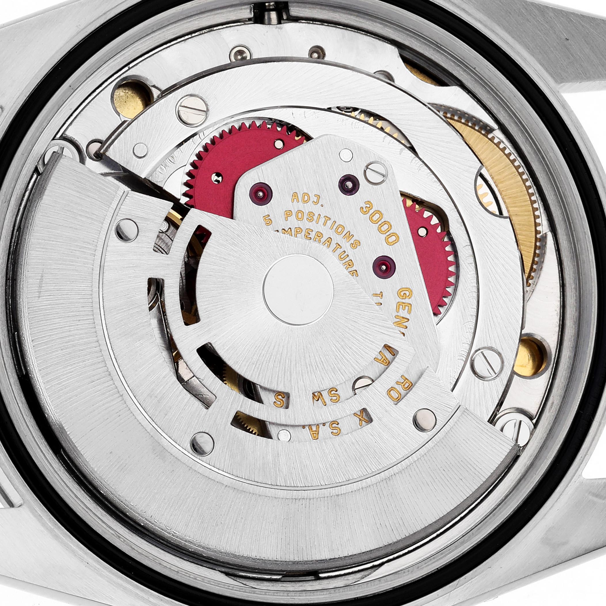 This image shows the Rolex Explorer 14270 Men's Stainless Steel Black Dial 14270 Men's Stainless Steel Black Dial's movement components from a top-down angle, highlighting the rotor and gears.