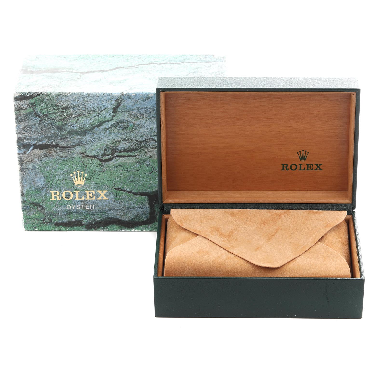 The image shows a Rolex Explorer 14270 Men's Stainless Steel Black Dial 14270 Men's Stainless Steel Black Dial watch box and packaging at a frontal angle, featuring the inner box and outer sleeve.