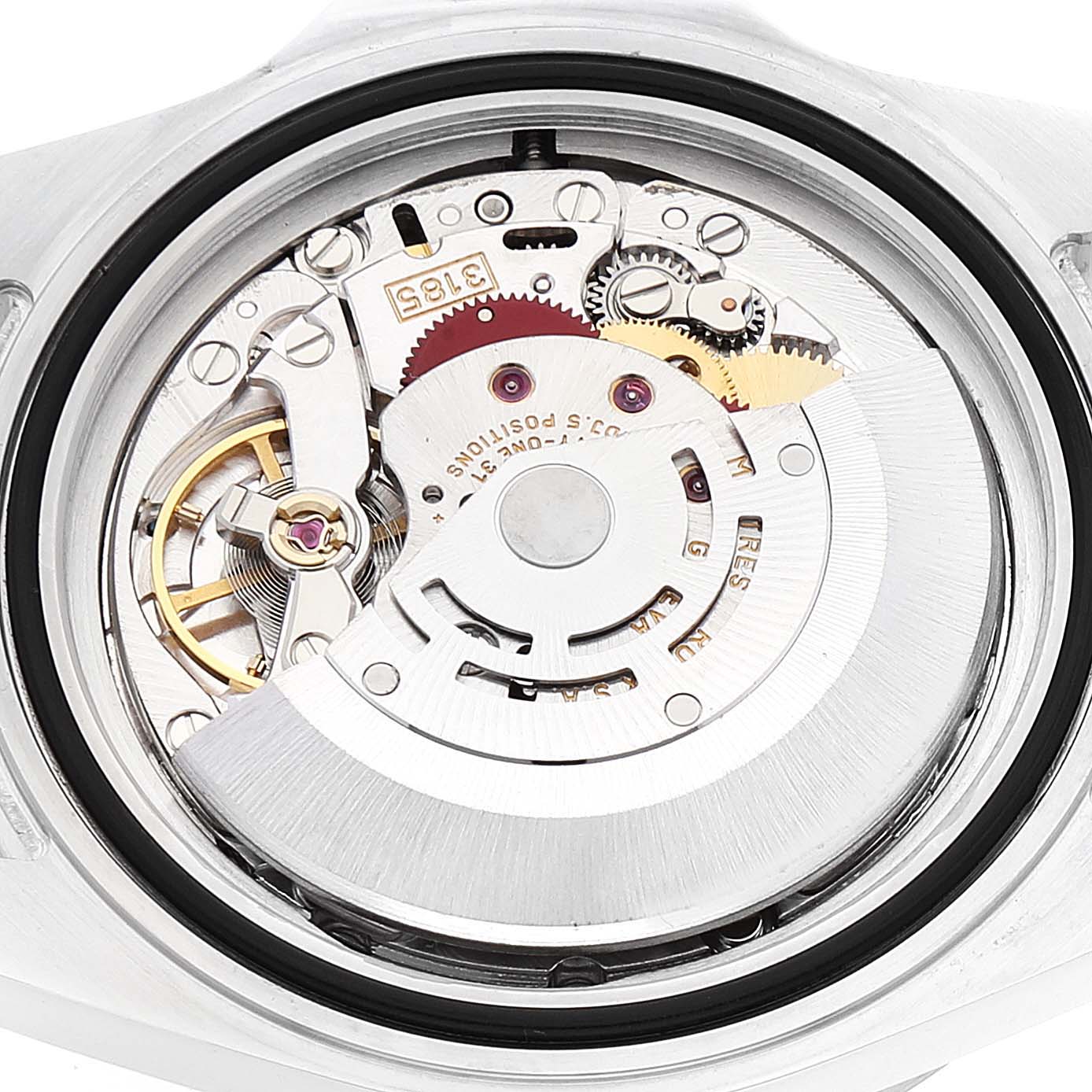 This image shows the internal mechanism of a Rolex Explorer 16570 Men's Stainless Steel Black Dial 16570 Men's Stainless Steel Black Dial watch from a close-up angle.