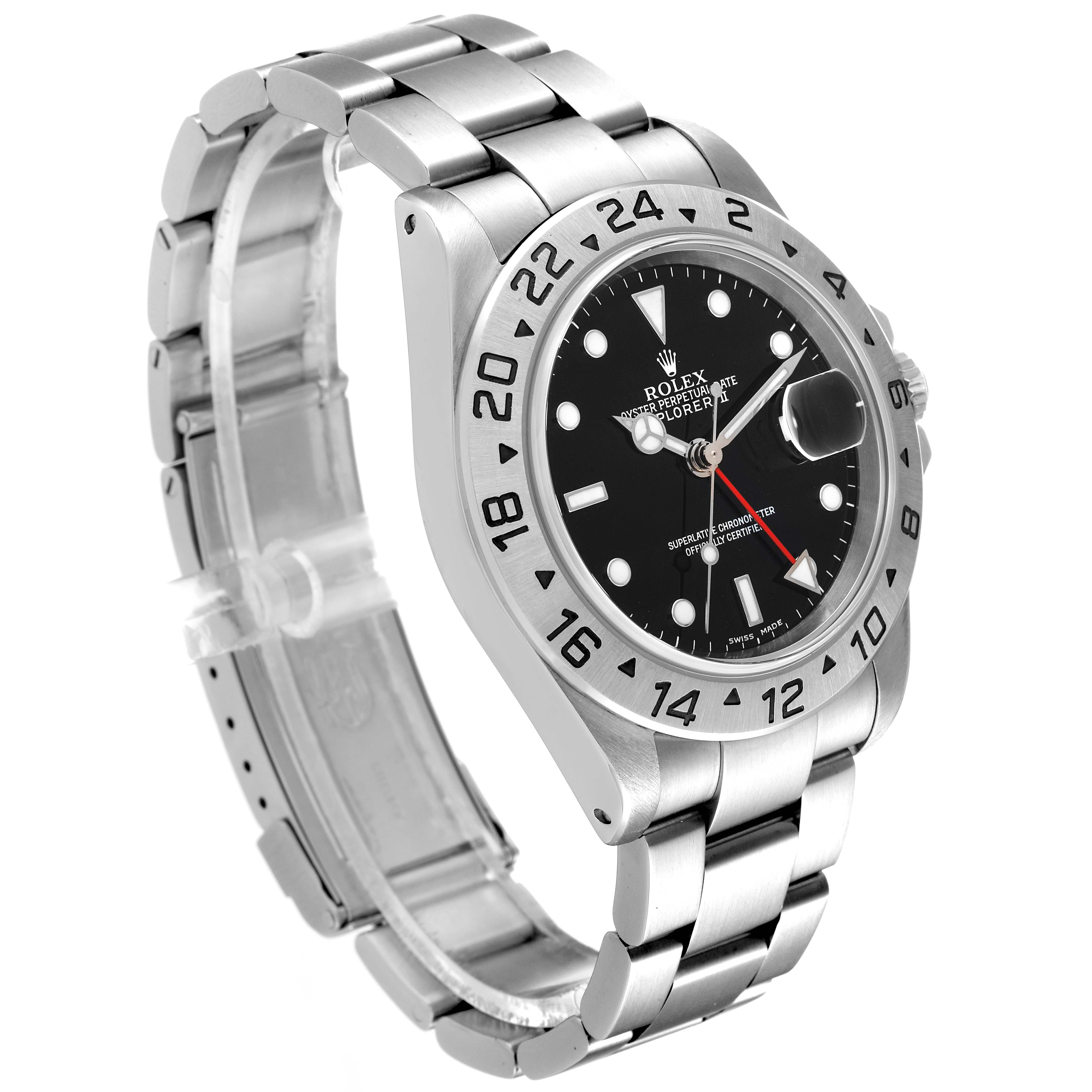 The image shows a side and front angle of a Rolex Explorer 16570 Men's Stainless Steel Black Dial 16570 Men's Stainless Steel Black Dial model watch, highlighting its dial, bezel, and bracelet.