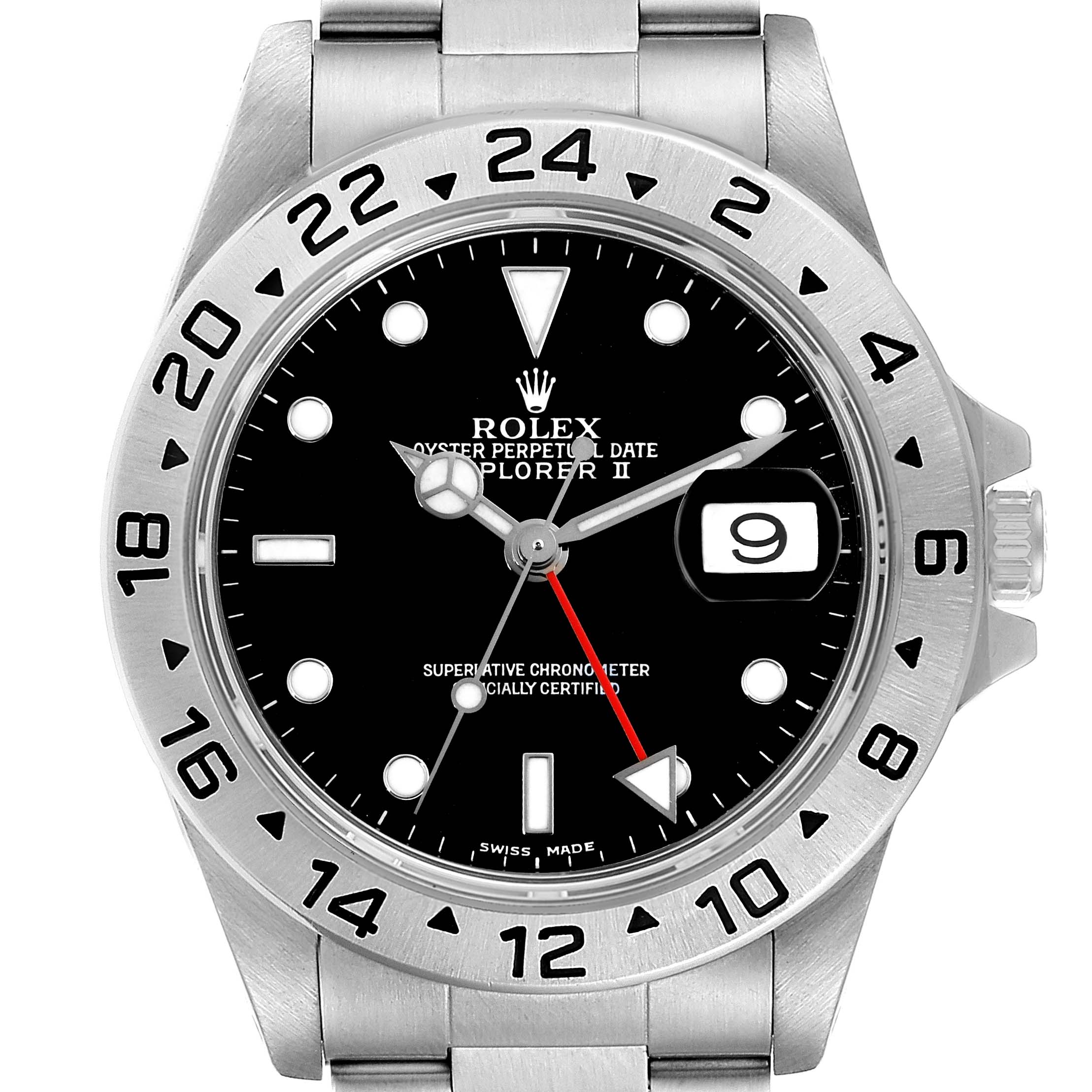 The image shows a front view of a Rolex Explorer 16570 Men's Stainless Steel Black Dial 16570 Men's Stainless Steel Black Dial watch, highlighting the dial.