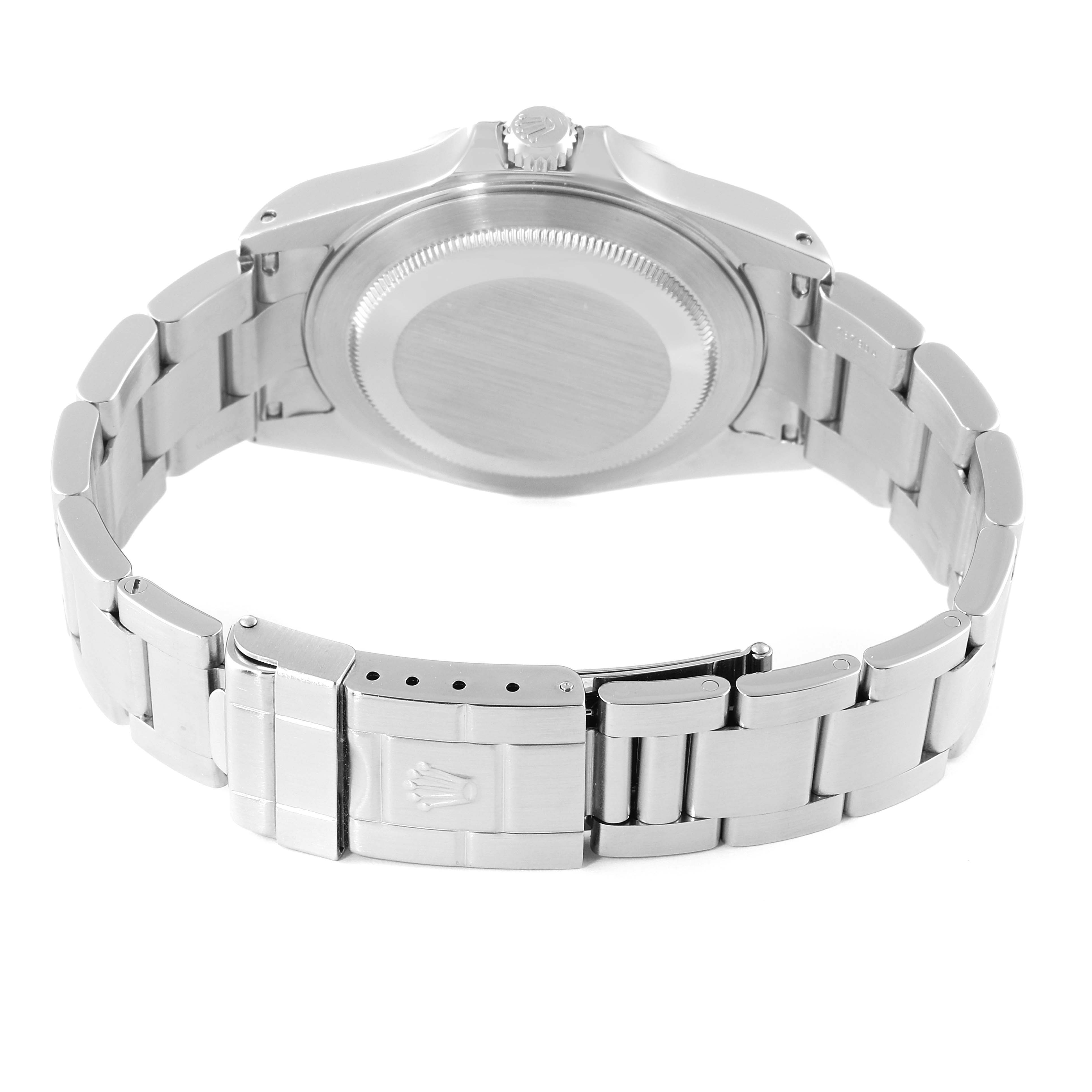 The image shows the back case and bracelet of a Rolex Explorer 16570 Men's Stainless Steel Black Dial 16570 Men's Stainless Steel Black Dial watch, viewed from the rear.