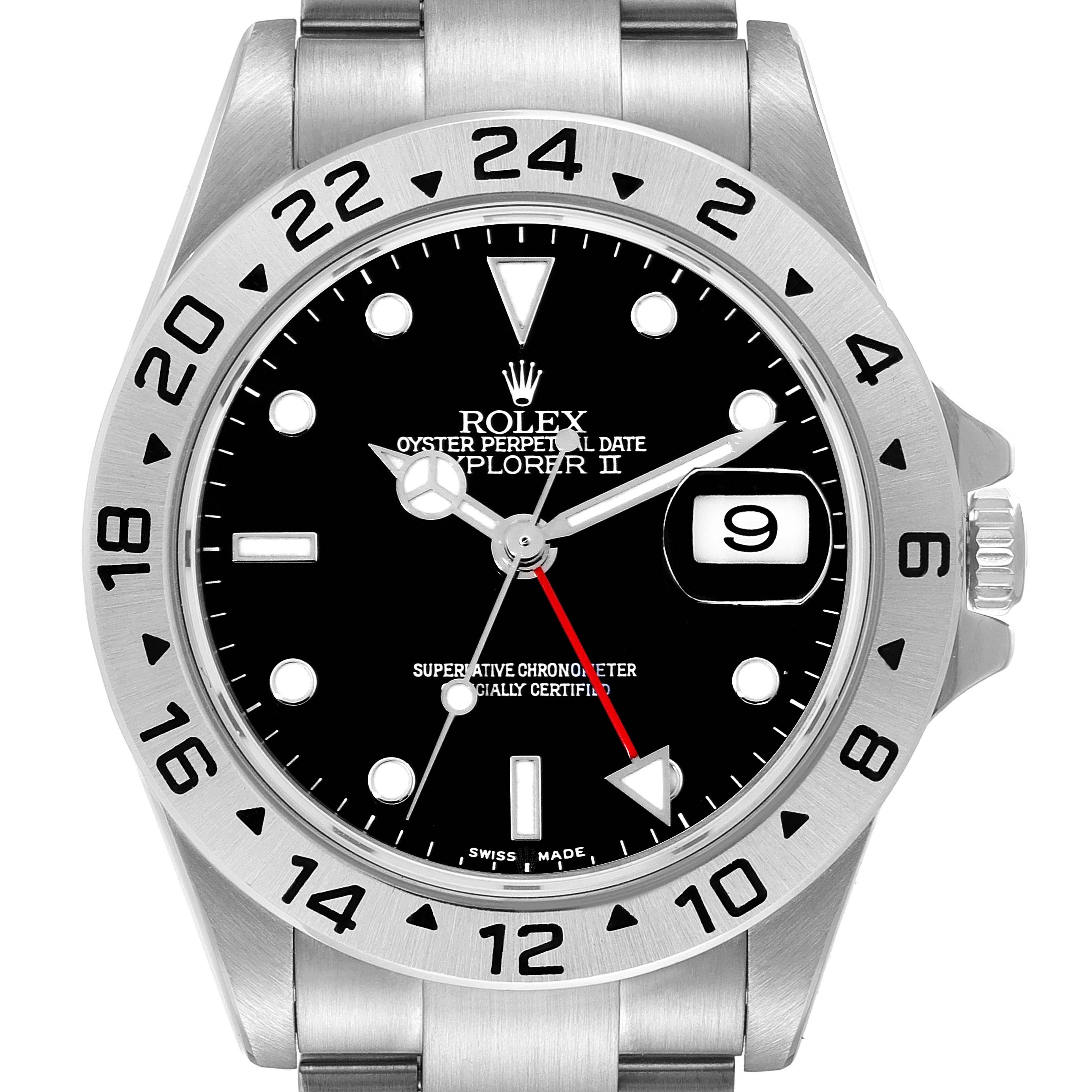The image shows a front view of a Rolex Explorer 16570 Men
s Stainless Steel Black Dial 16570 Men
s Stainless Steel Black Dial watch, highlighting the dial, bezel, crown, and part of the bracelet.