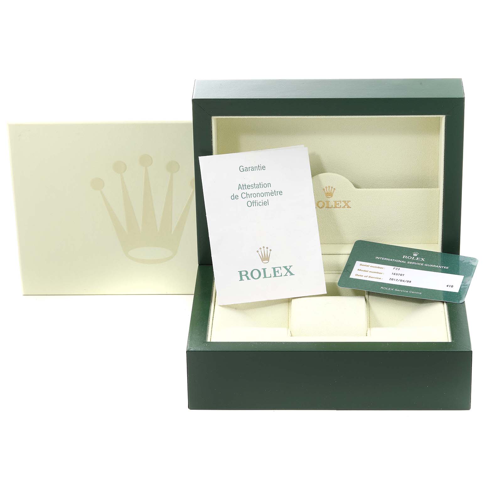 This image shows the packaging and accessories for a Rolex Explorer 16570 Men
s Stainless Steel Black Dial 16570 Men
s Stainless Steel Black Dial watch, including the box, warranty card, and certificate.