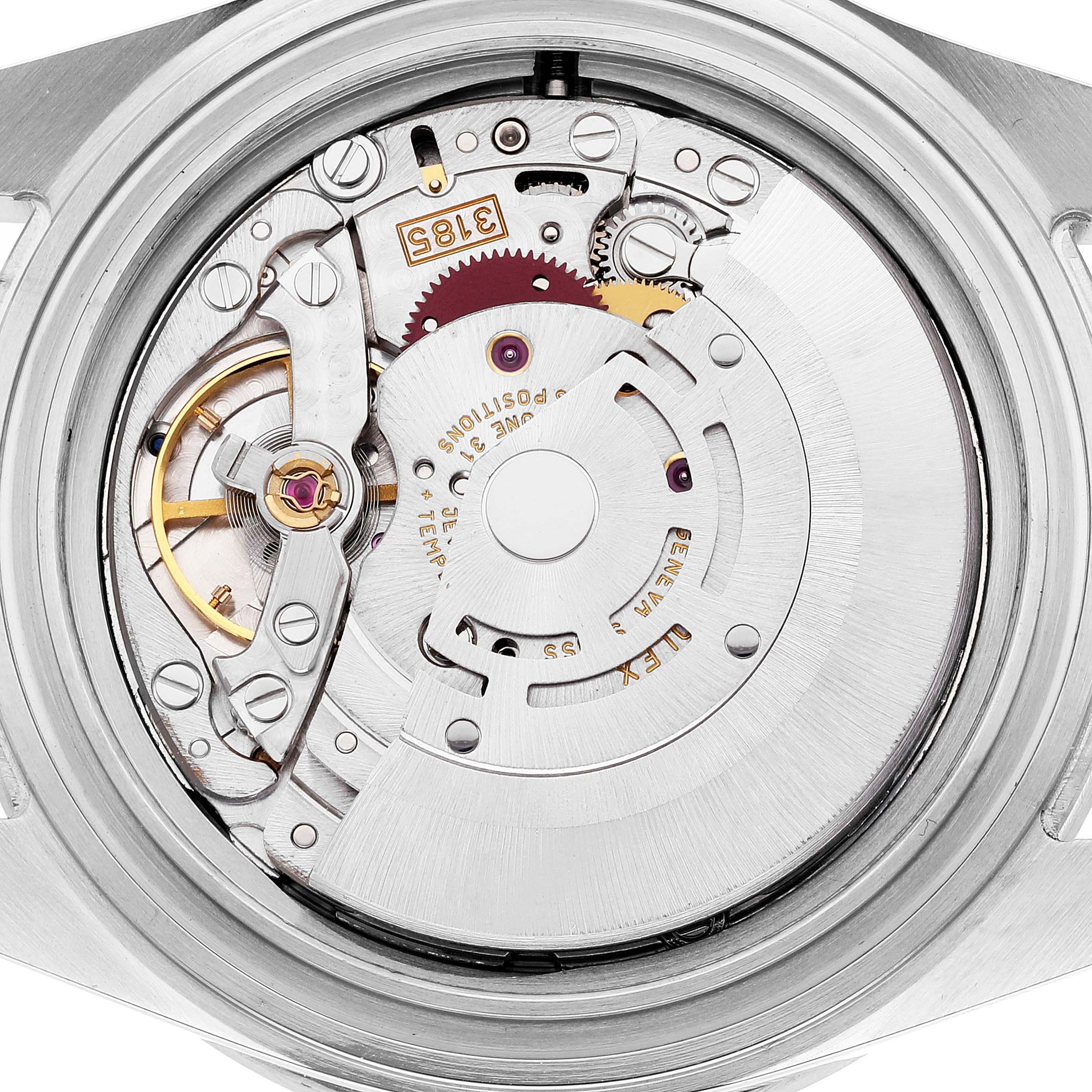 This image shows the inner mechanical movement of the Rolex Explorer 16570 Men
s Stainless Steel Black Dial 16570 Men
s Stainless Steel Black Dial watch from a rear angle, highlighting its intricate components.