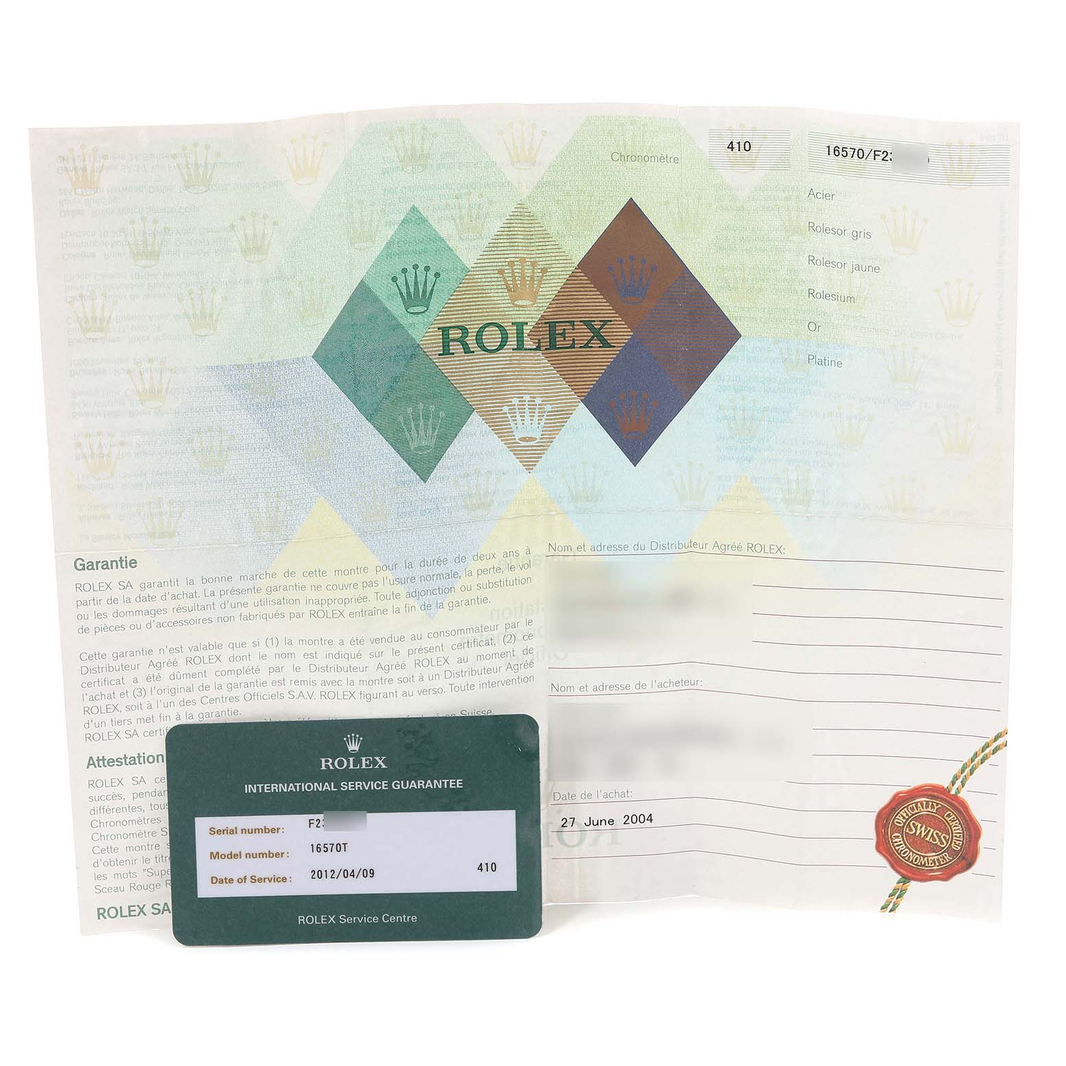 This image shows the paperwork and service guarantee card for a Rolex Explorer 16570 Men
s Stainless Steel Black Dial 16570 Men
s Stainless Steel Black Dial model watch.