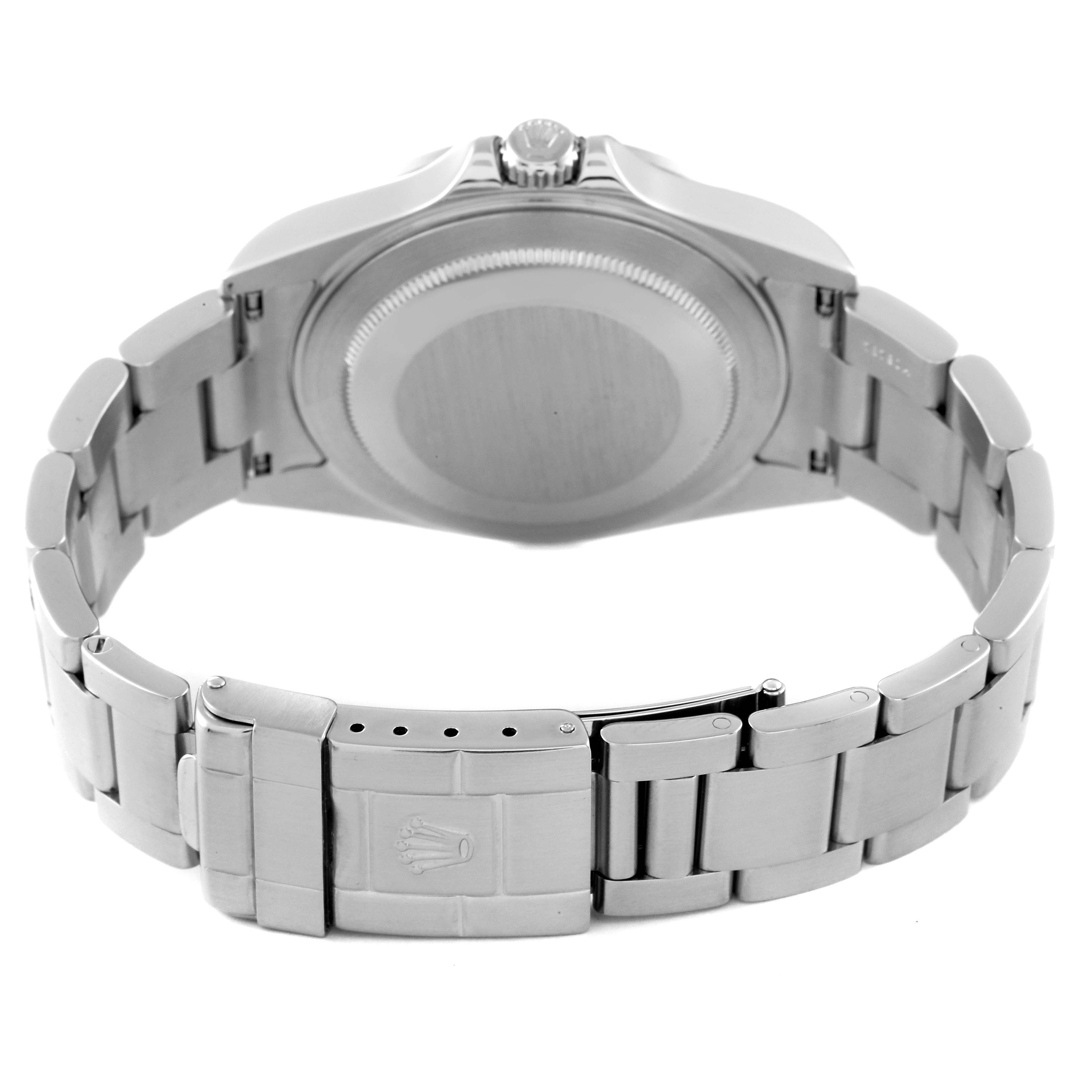 This image shows the back case and clasp of the Rolex Explorer 16570 Men
s Stainless Steel Black Dial 16570 Men
s Stainless Steel Black Dial model watch, with the bracelet fully extended.