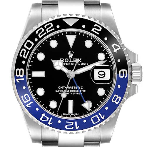 The image shows a front view of a Rolex GMT-Master II watch, highlighting the bezel, dial, and bracelet.