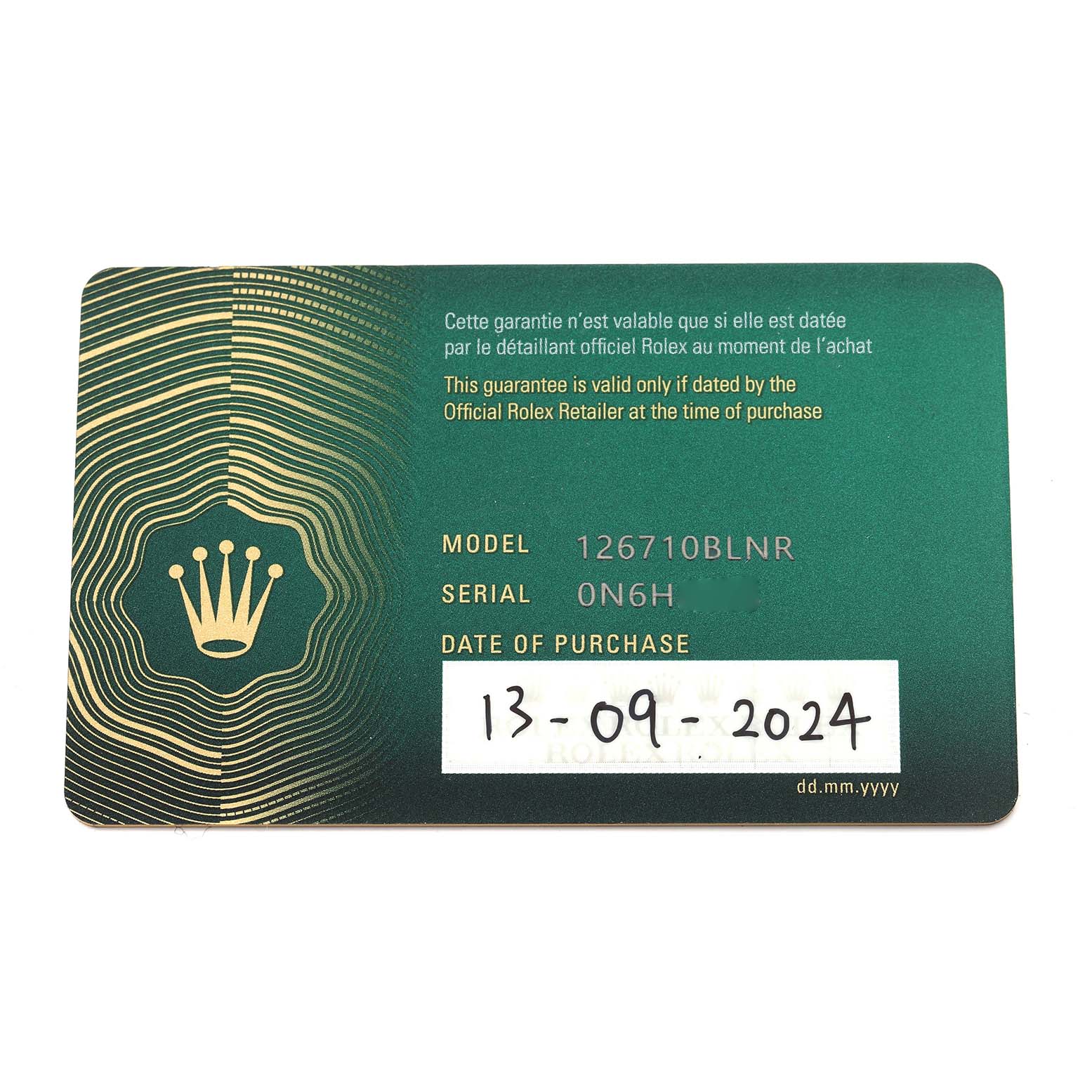 The image shows the guarantee card for a Rolex GMT-Master 126710 Men's Stainless Steel Black Dial 126710 Men's Stainless Steel Black Dial model 126710BLNR, displaying model, serial, and purchase date.