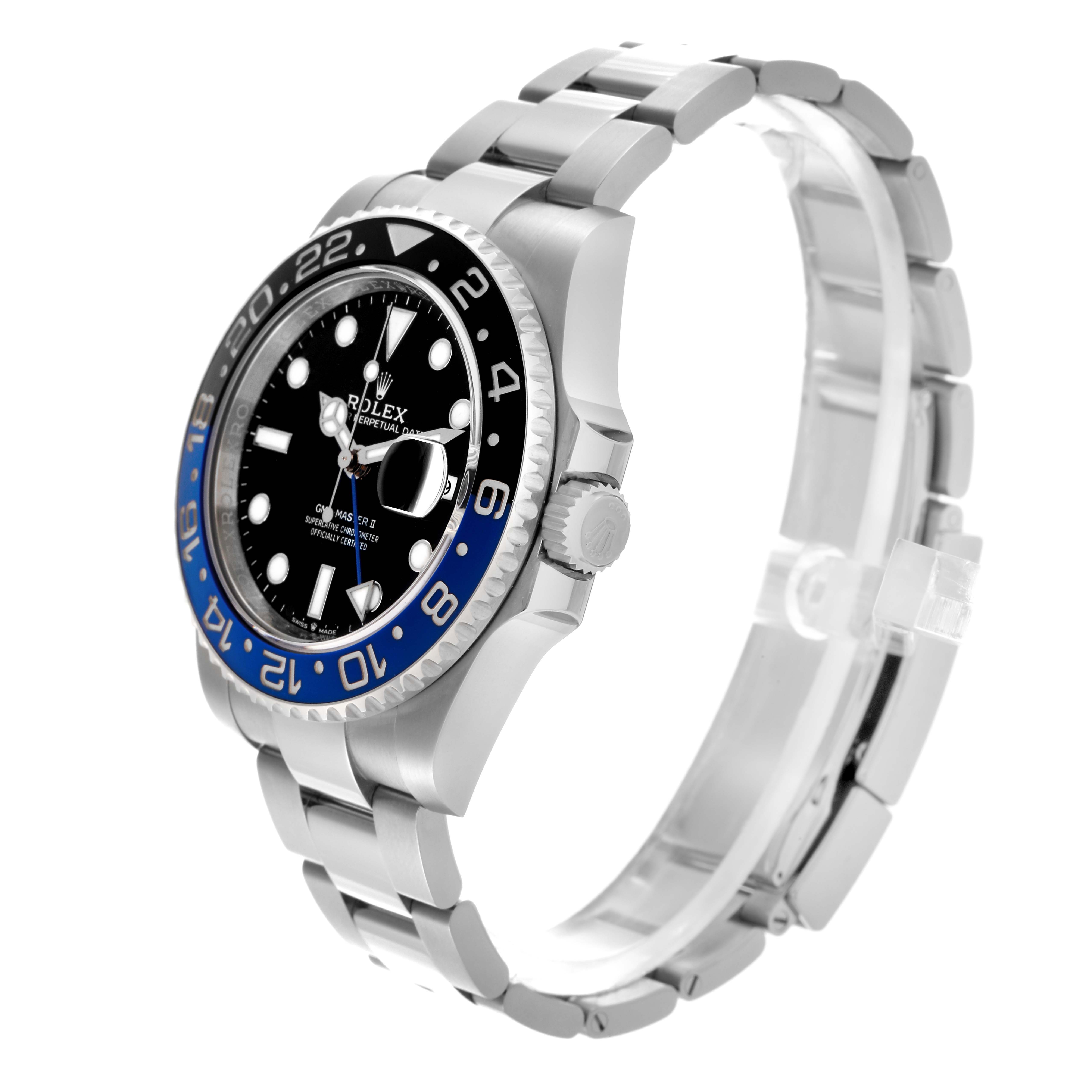 The Rolex GMT-Master 126710 Men's Stainless Steel Black Dial 126710 Men's Stainless Steel Black Dial watch is shown at a side angle, displaying its bezel, dial, crown, and bracelet.