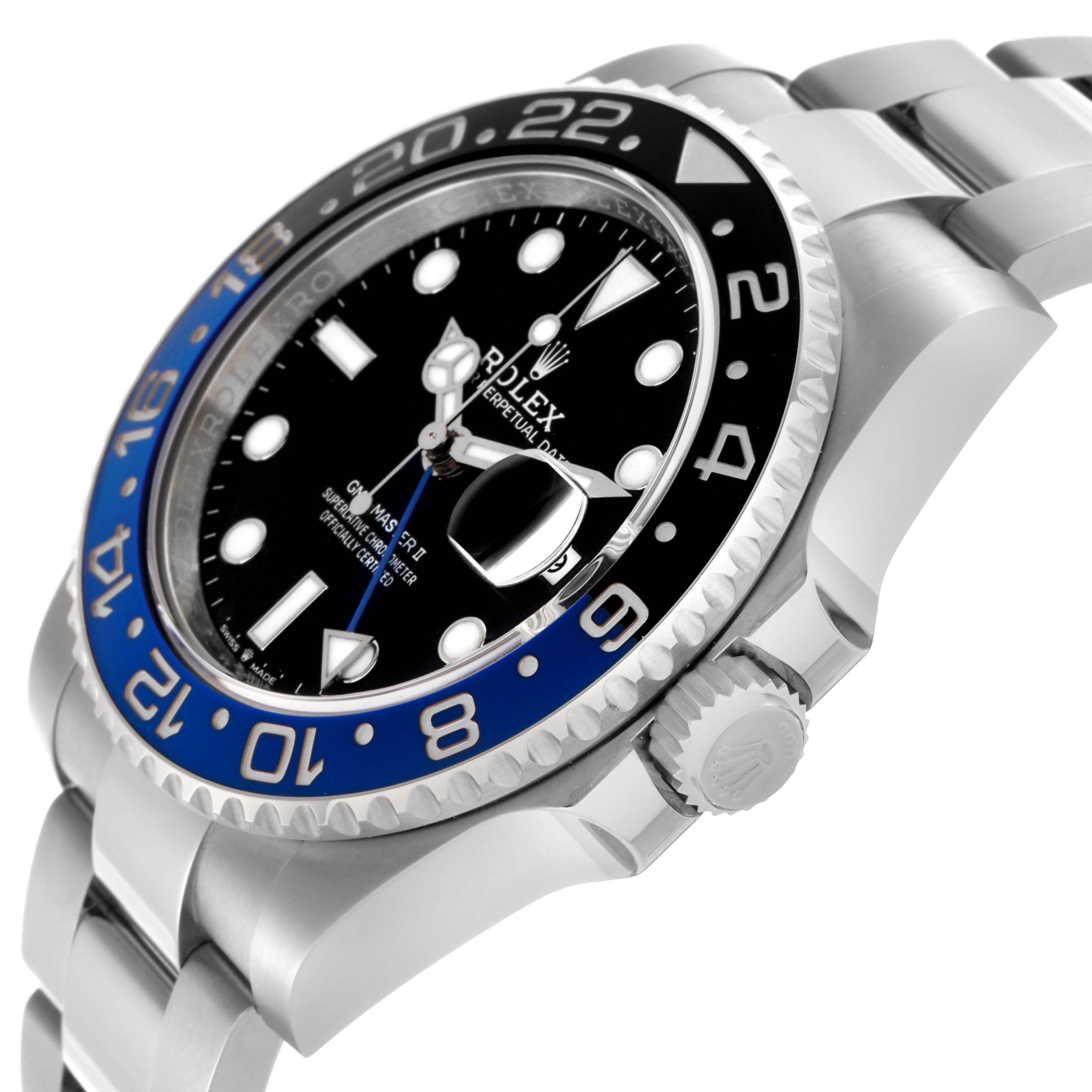 The Rolex GMT-Master 126710 Men's Stainless Steel Black Dial 126710 Men's Stainless Steel Black Dial watch is shown from a side angle, displaying the bezel, dial, crown, and part of the bracelet.
