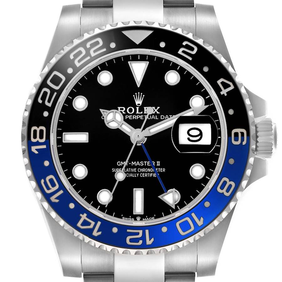 The Rolex GMT-Master model is shown from a front angle, displaying the bezel, dial, hands, and crown.