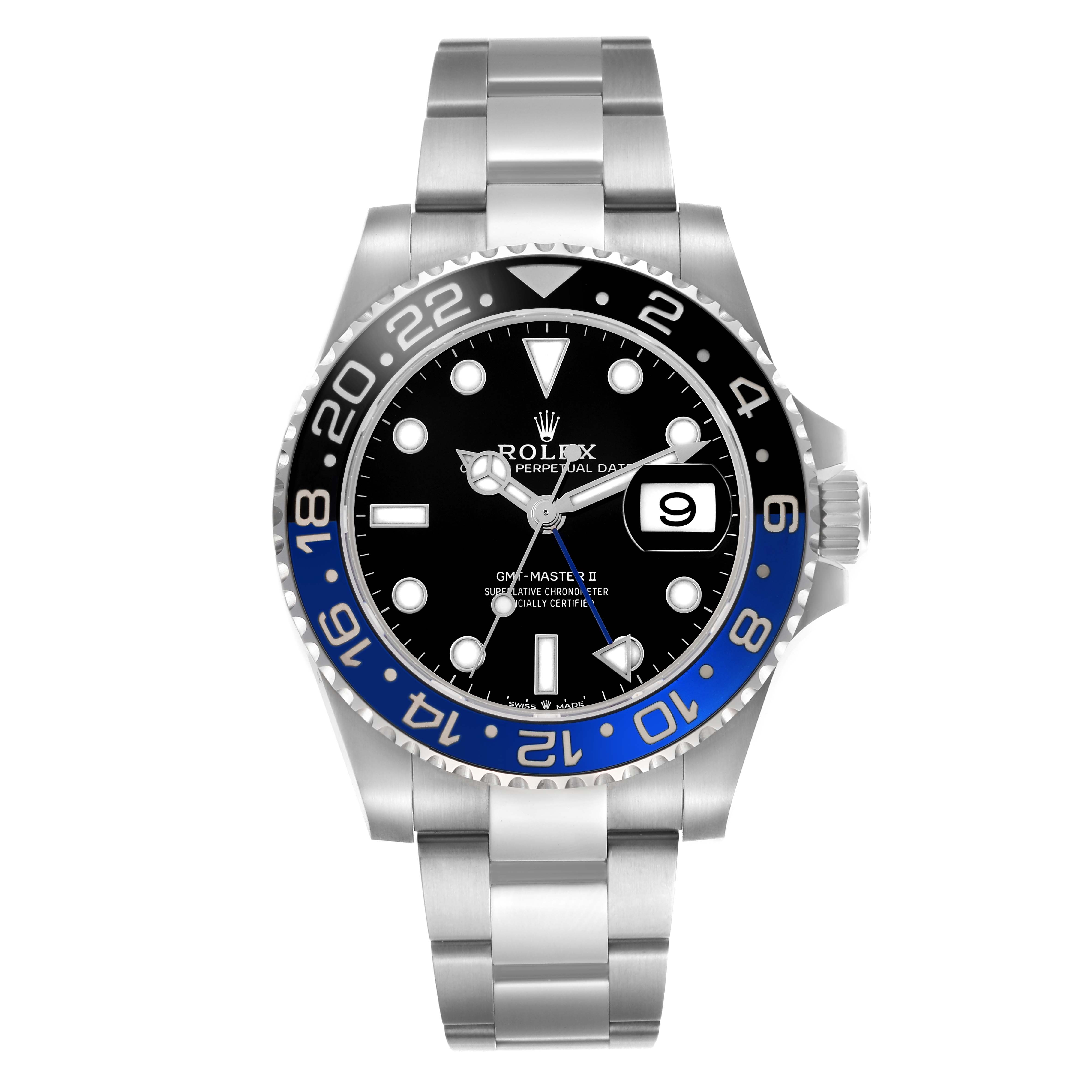 The Rolex GMT-Master 126710 Men's Stainless Steel Black Dial 126710 Men's Stainless Steel Black Dial watch is shown from a front angle, displaying the bezel, dial, hands, and bracelet.