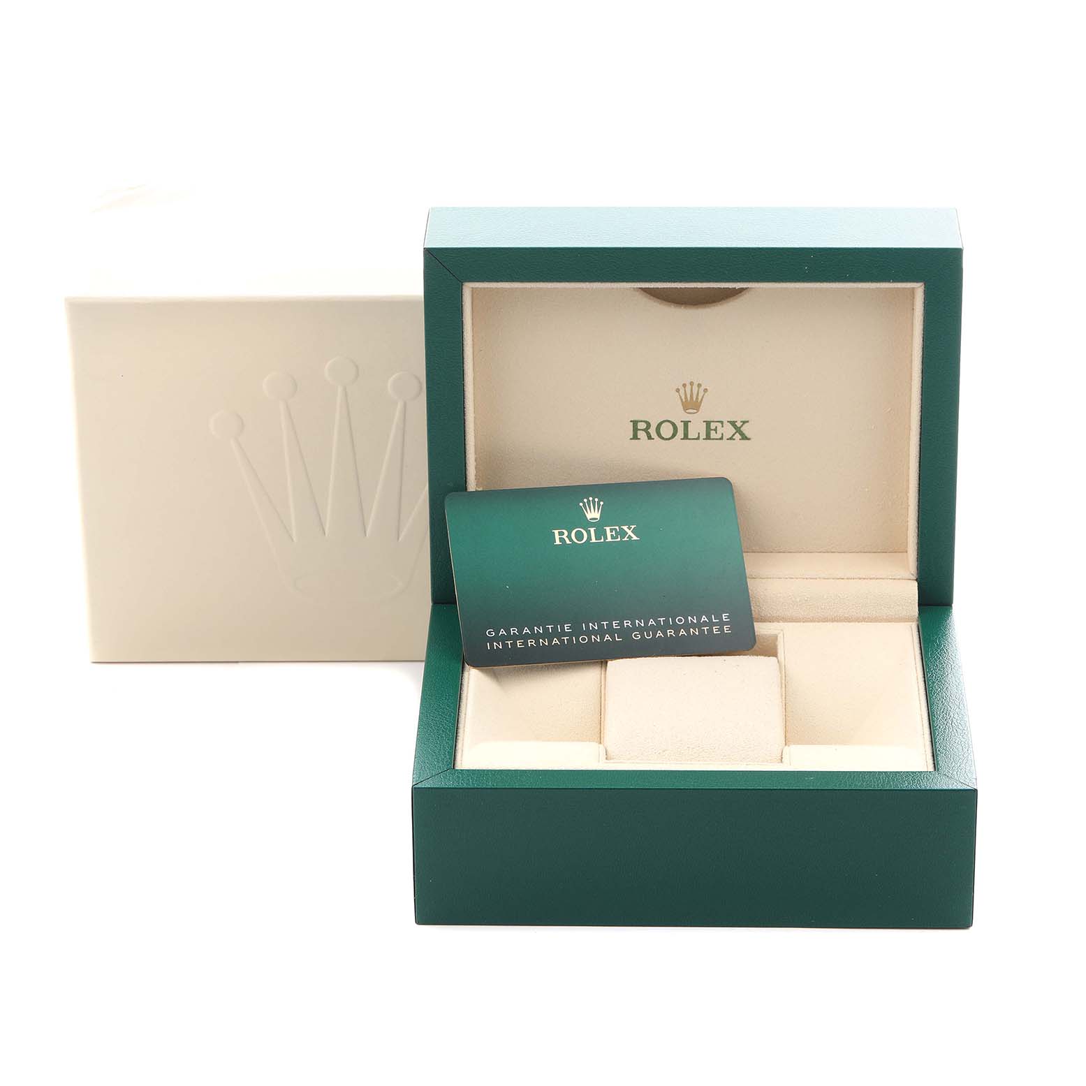 The image shows a Rolex GMT-Master 126710 Men's Stainless Steel Black Dial 126710 Men's Stainless Steel Black Dial watch box, its open interior, and an international guarantee card, viewed from the front.