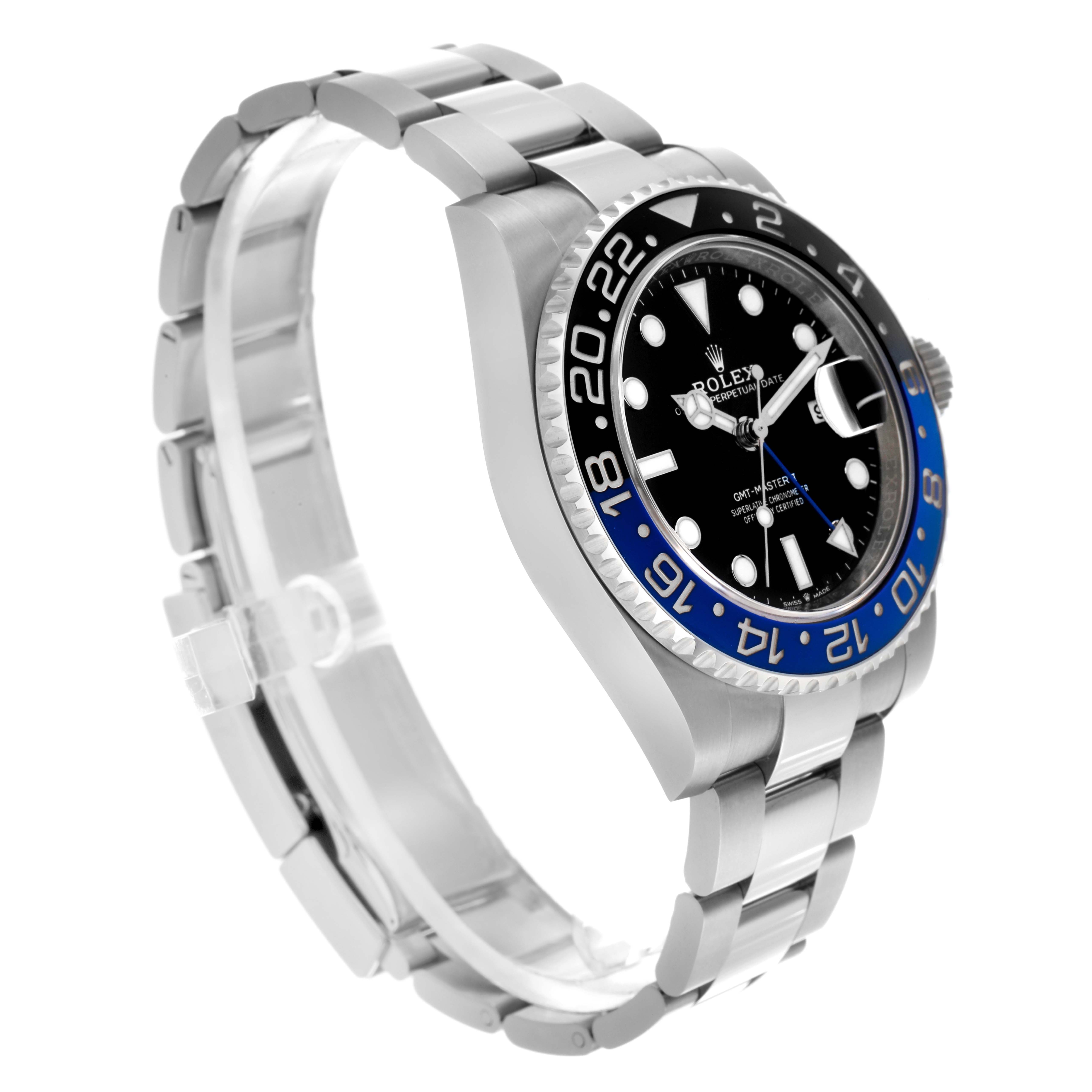The Rolex GMT-Master 126710 Men's Stainless Steel Black Dial 126710 Men's Stainless Steel Black Dial is shown at a side angle, highlighting the black and blue bezel, dial, and stainless steel bracelet.