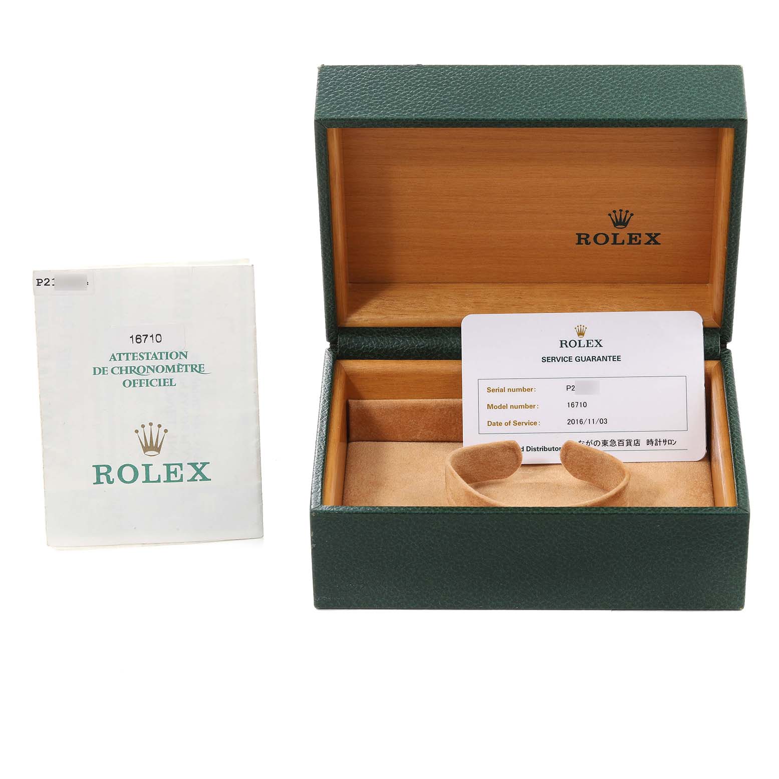 This image shows a Rolex GMT-Master 16710 Men's Stainless Steel Black Dial 16710 Men's Stainless Steel Black Dial watch box, service guarantee card, and official chronometer certification booklet.