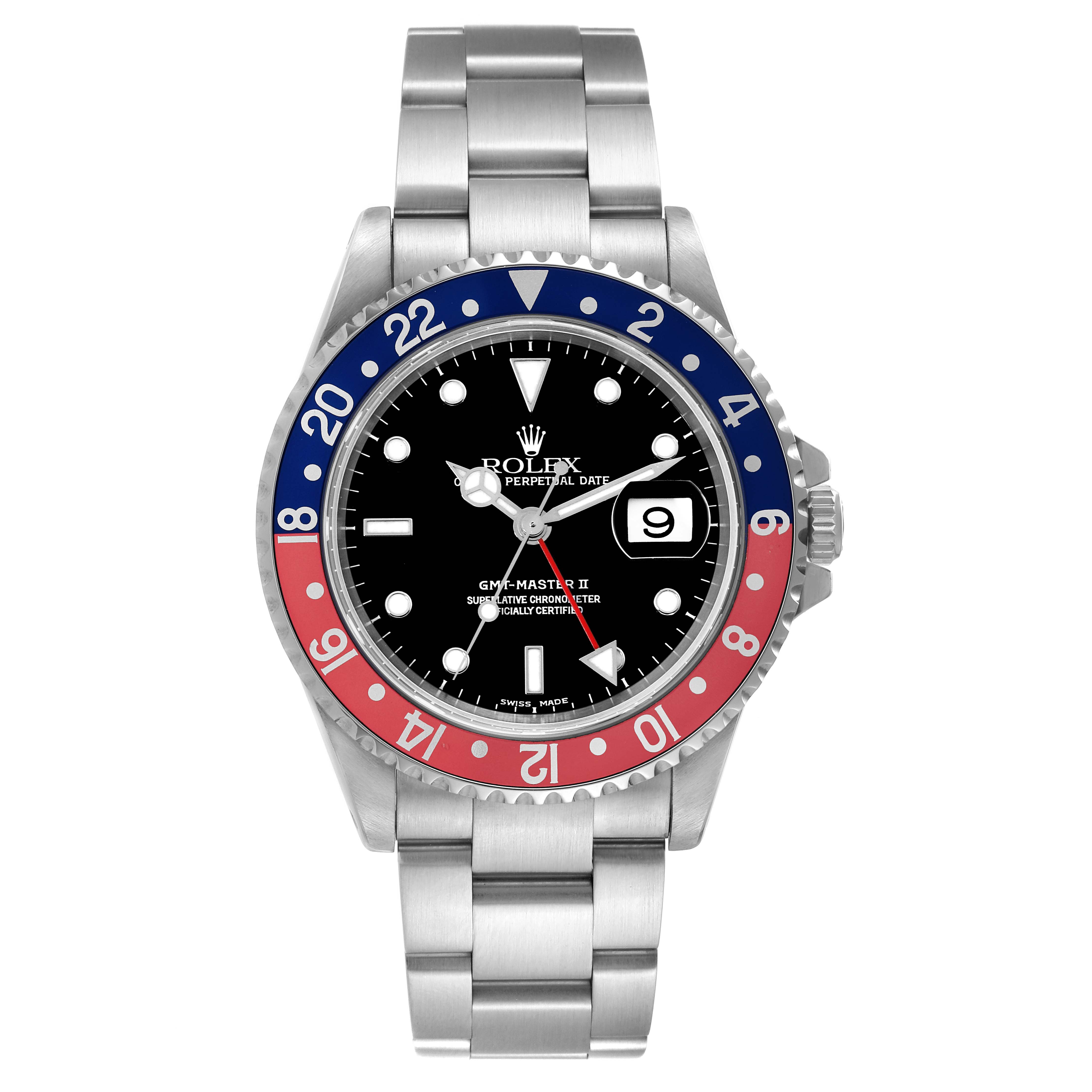The image shows a front view of a Rolex GMT-Master 16710 Men's Stainless Steel Black Dial 16710 Men's Stainless Steel Black Dial II watch, highlighting its dial, bezel, bracelet, and crown.