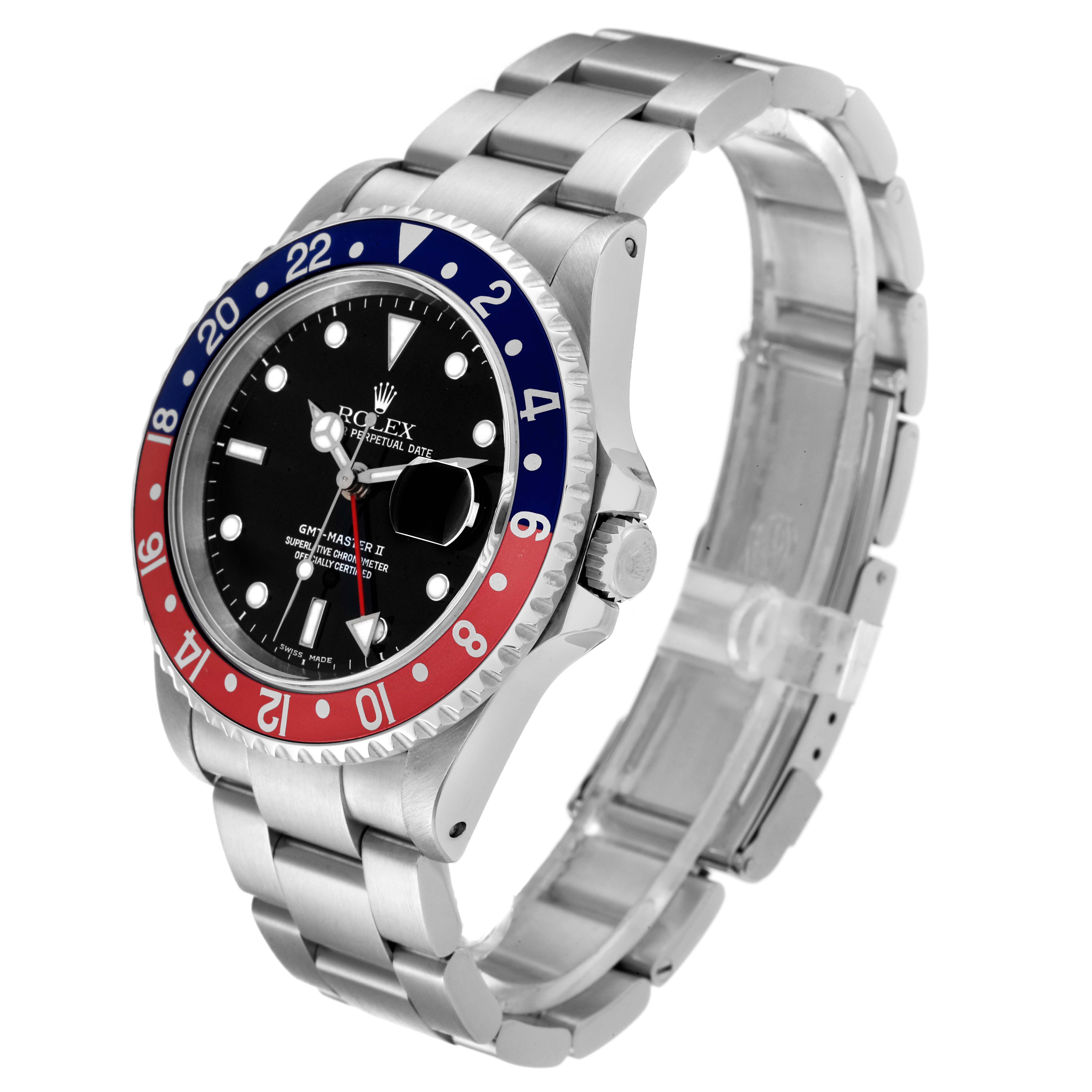 The image shows a side angle of the Rolex GMT-Master 16710 Men's Stainless Steel Black Dial 16710 Men's Stainless Steel Black Dial II watch, highlighting the bezel, dial, and bracelet.