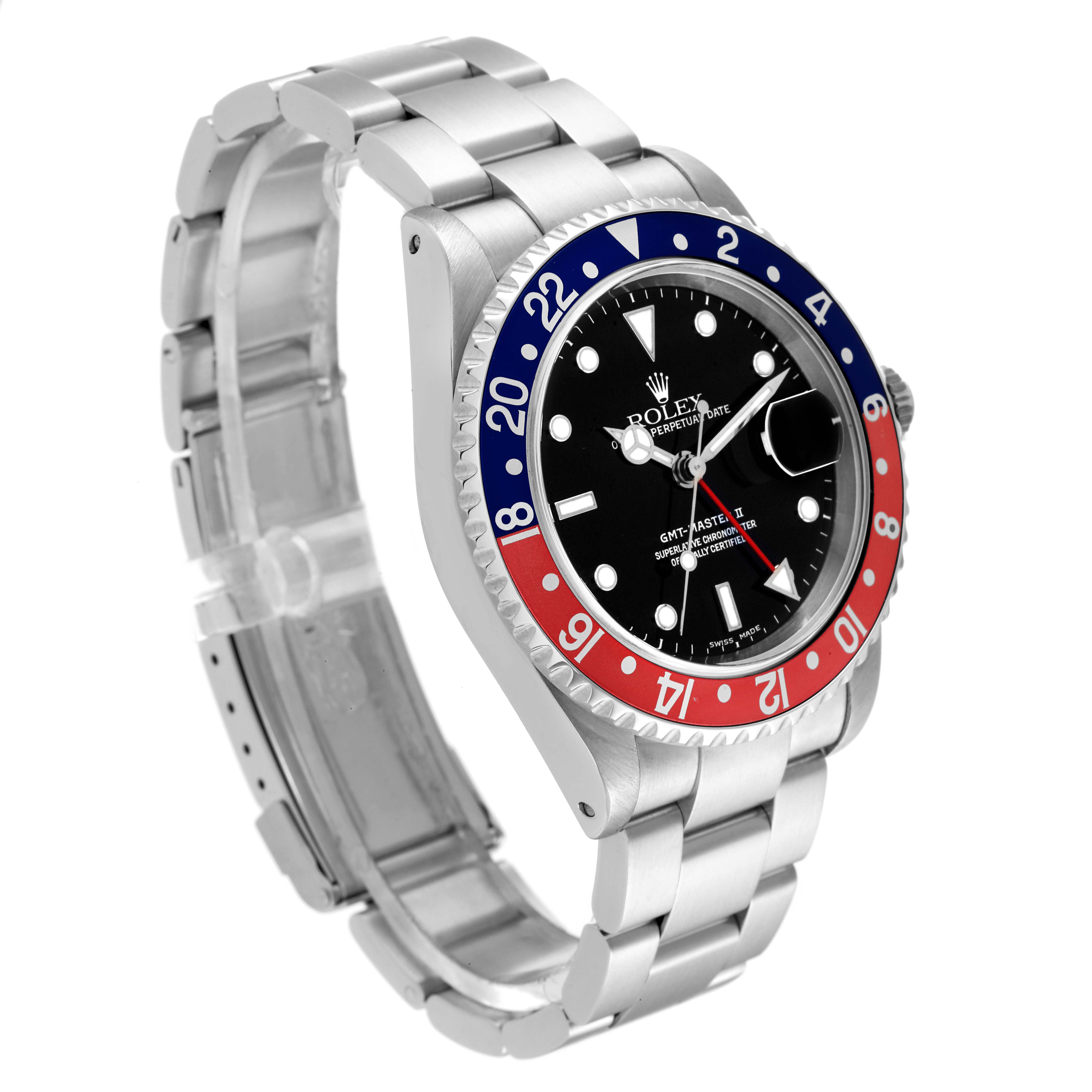 This image shows a Rolex GMT-Master 16710 Men's Stainless Steel Black Dial 16710 Men's Stainless Steel Black Dial II watch at a three-quarters angle, displaying the bezel, dial, and bracelet.