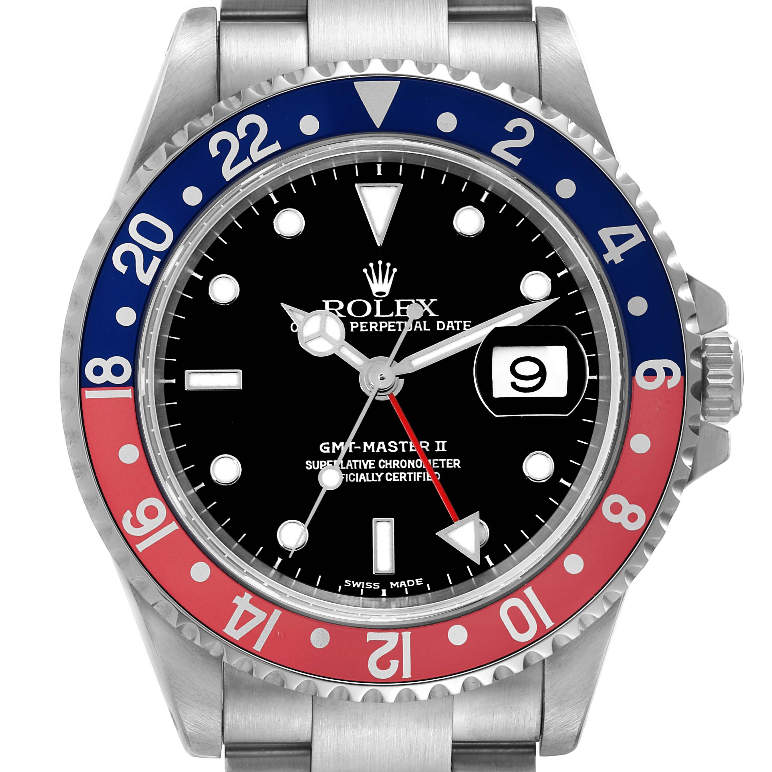 The image shows the front of a Rolex GMT-Master 16710 Men's Stainless Steel Black Dial 16710 Men's Stainless Steel Black Dial II watch, highlighting the dial, bezel, hands, and part of the bracelet.