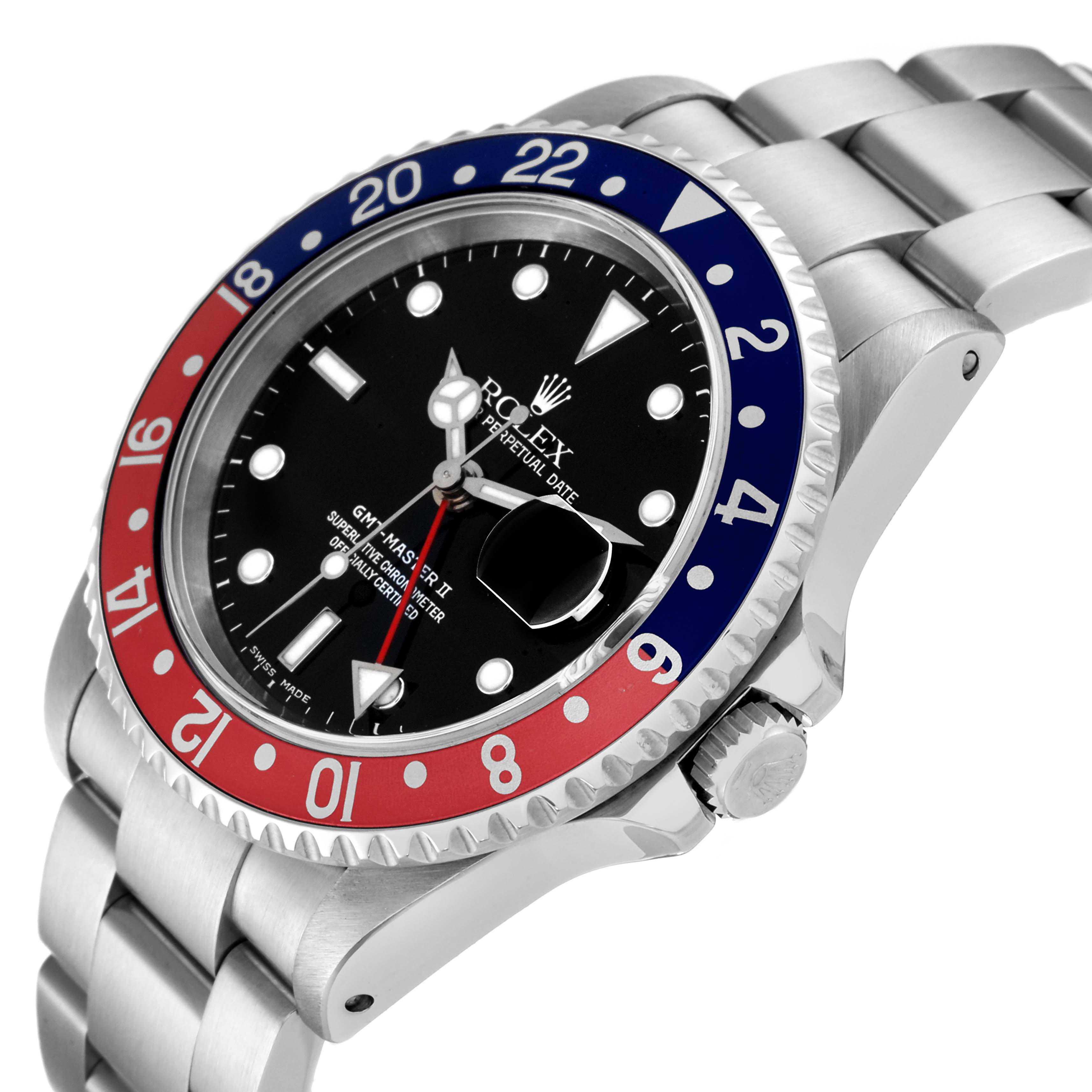 The image shows a Rolex GMT-Master 16710 Men's Stainless Steel Black Dial 16710 Men's Stainless Steel Black Dial II watch from a side angle, highlighting the bezel, dial, and part of the bracelet.