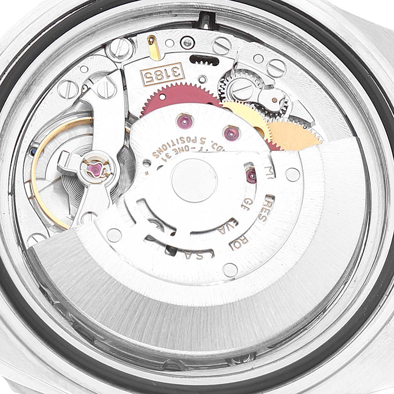 This image shows a close-up of the movement and internal mechanics inside a Rolex GMT-Master 16710 Men
s Stainless Steel Black Dial 16710 Men
s Stainless Steel Black Dial watch.