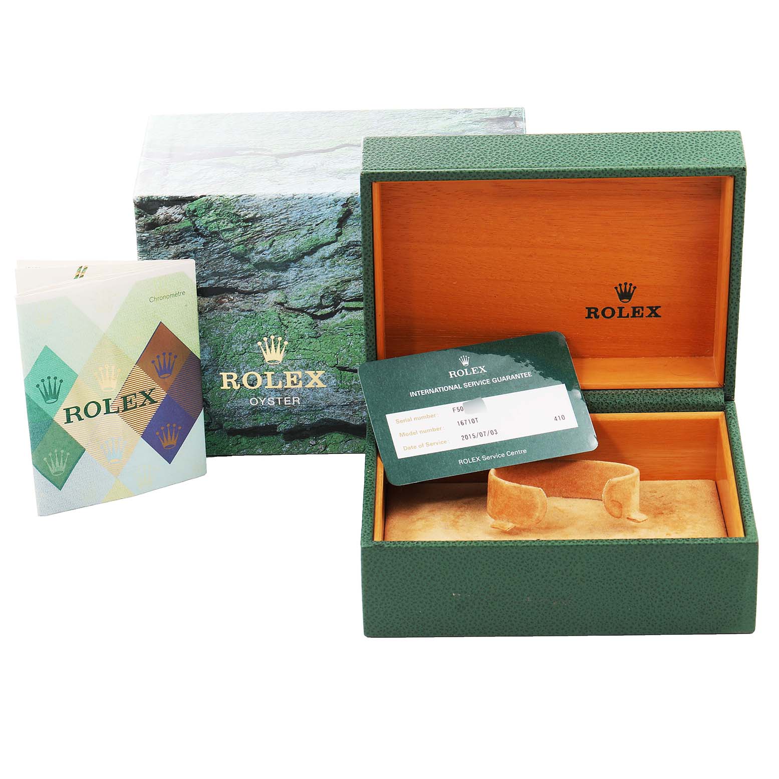 This image shows the packaging, manuals, and certification cards for a Rolex GMT-Master 16710 Men
s Stainless Steel Black Dial 16710 Men
s Stainless Steel Black Dial watch.