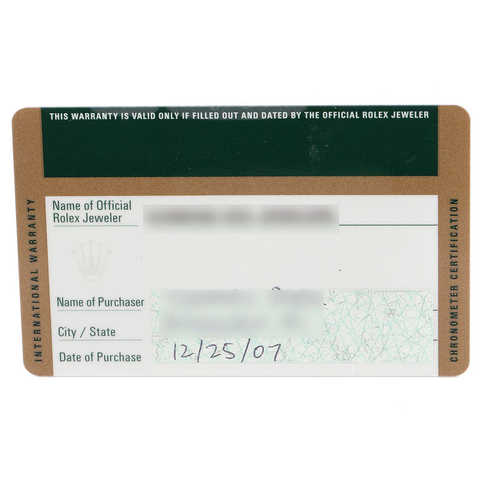 This image shows the warranty card for a Rolex Milgauss 116400 Men's Stainless Steel White Dial 116400 Men's Stainless Steel White Dial watch, including details like the purchaser's name, city, state, and date of purchase.