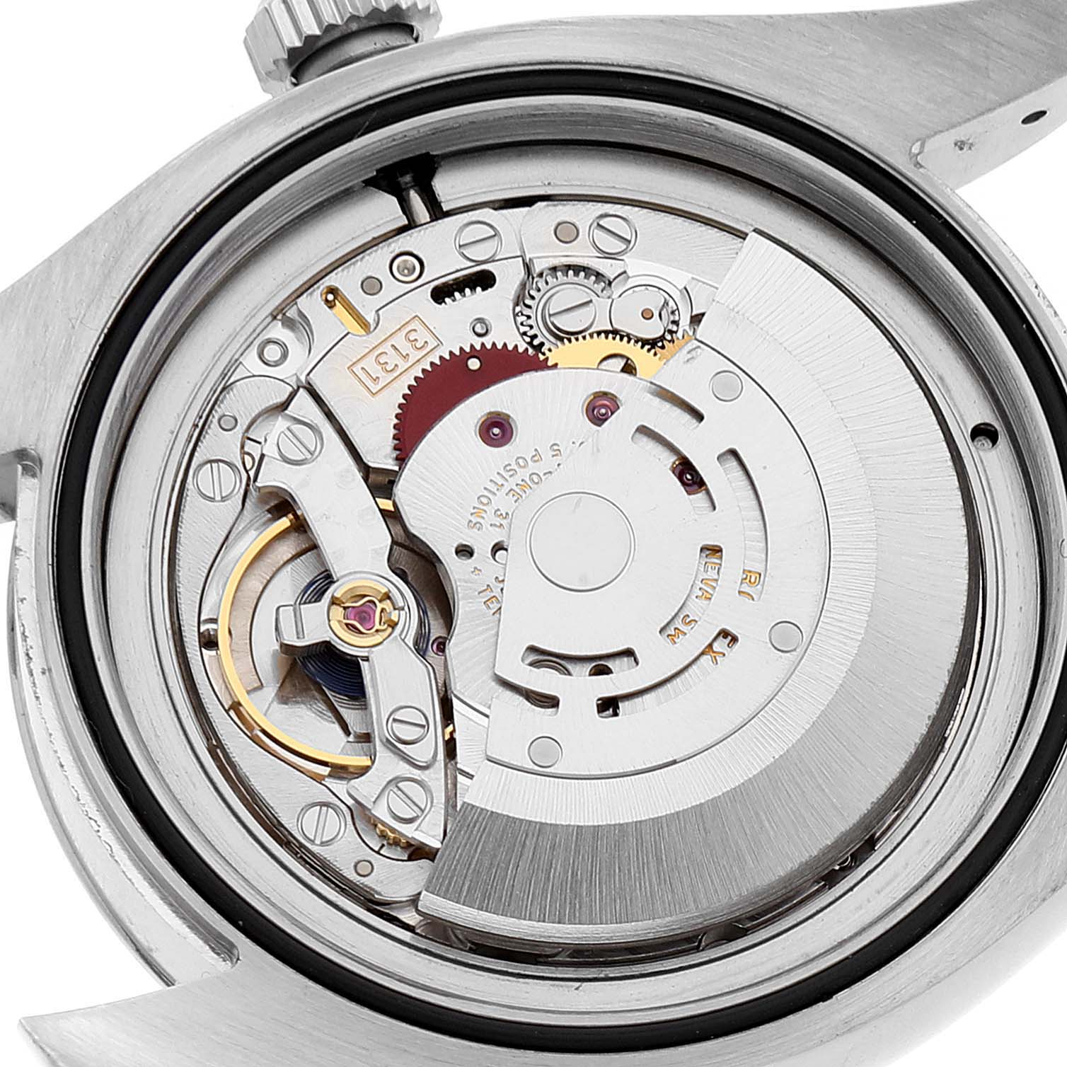 This image shows an angled close-up of the movement and internal mechanism of a Rolex Milgauss 116400 Men's Stainless Steel White Dial 116400 Men's Stainless Steel White Dial watch.