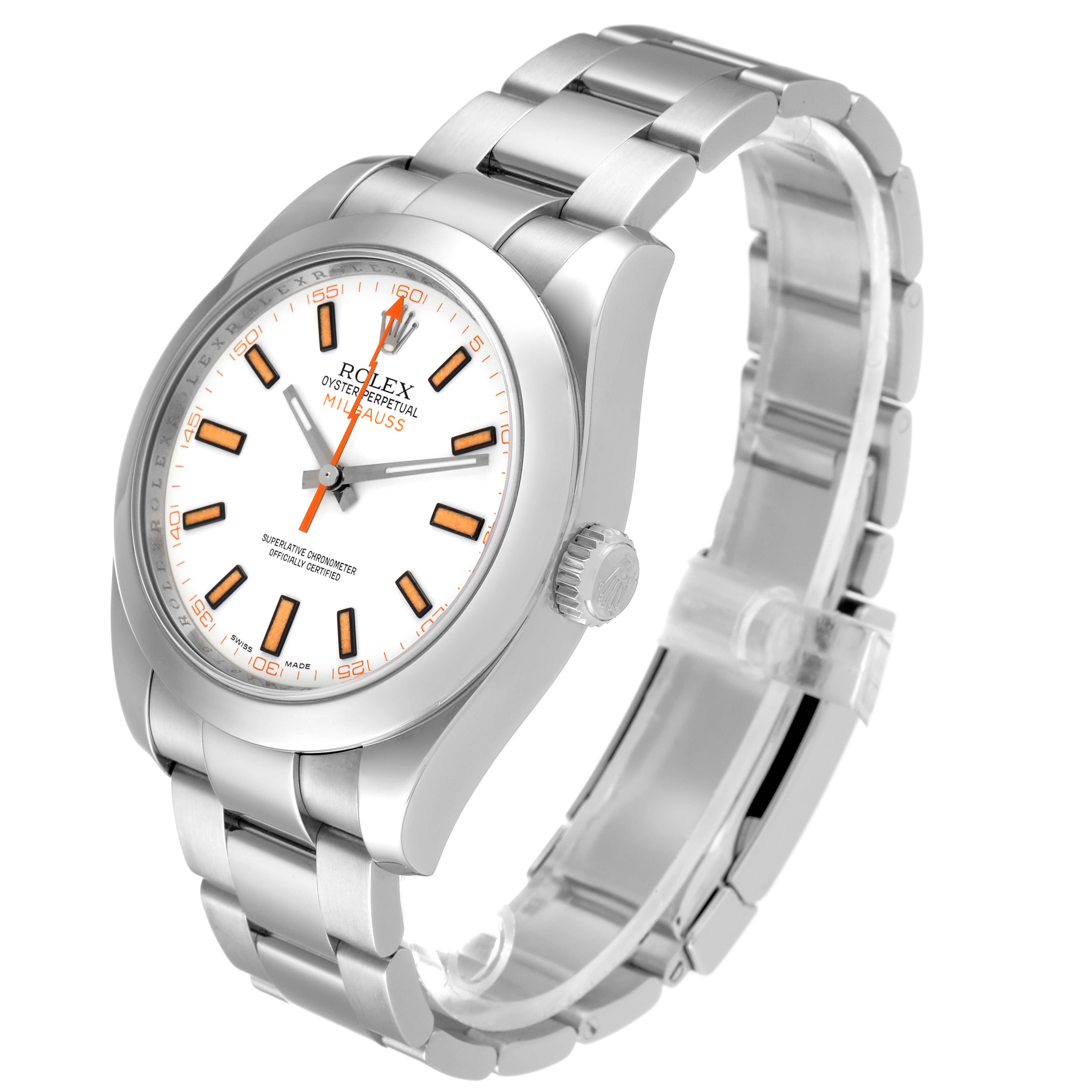 The image shows a Rolex Milgauss 116400 Men's Stainless Steel White Dial 116400 Men's Stainless Steel White Dial watch at a side angle highlighting its face, bezel, crown, and bracelet.