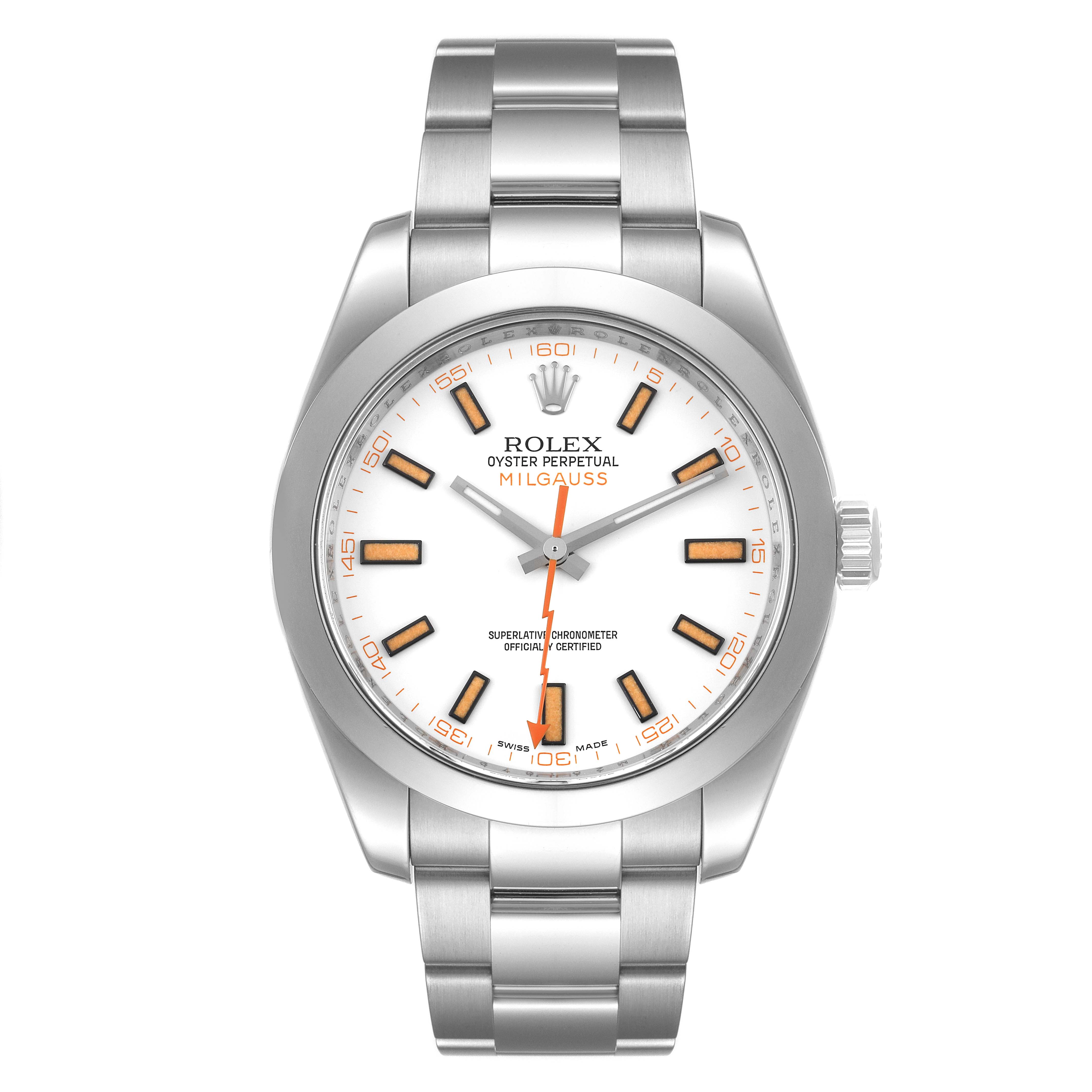 The image shows a front-facing view of a Rolex Milgauss 116400 Men's Stainless Steel White Dial 116400 Men's Stainless Steel White Dial watch, displaying its face, dial, and stainless steel bracelet.