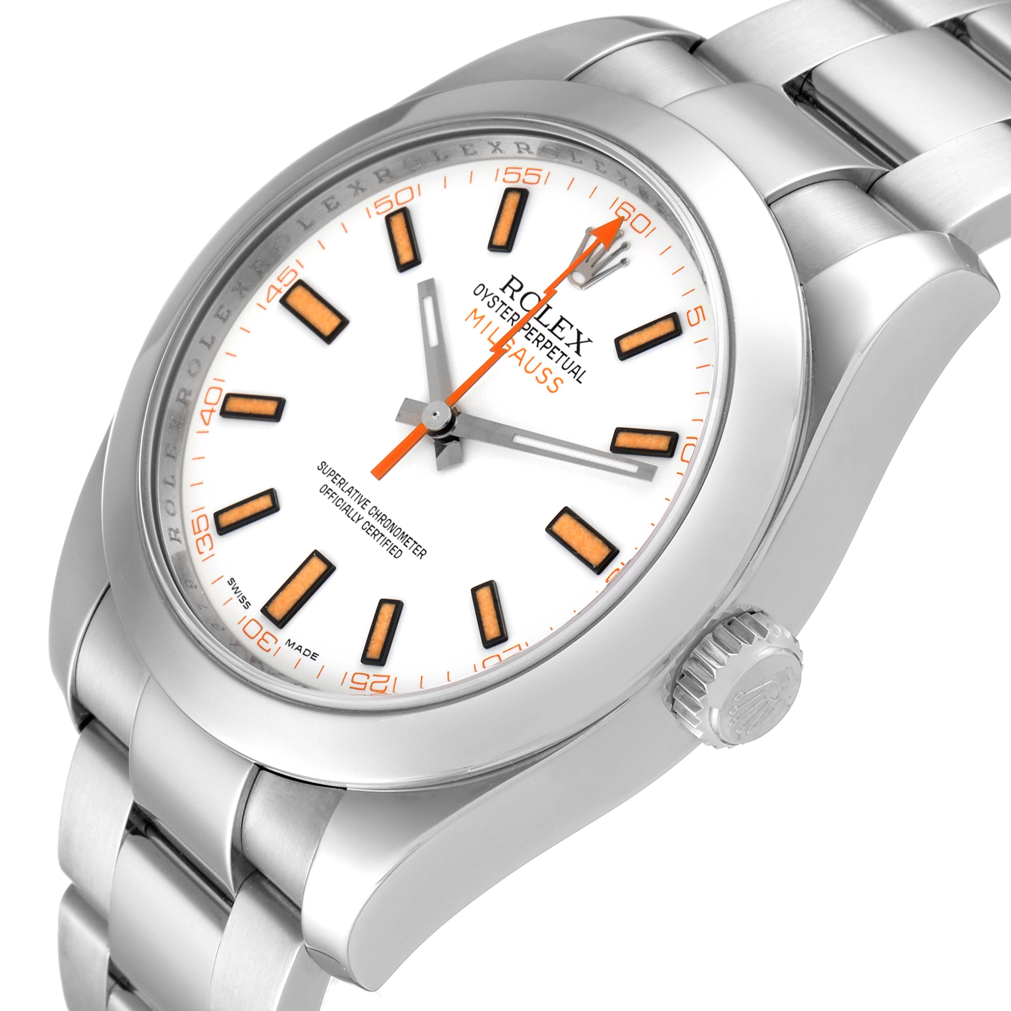 The Rolex Milgauss 116400 Men's Stainless Steel White Dial 116400 Men's Stainless Steel White Dial watch is shown at an angled, close-up view highlighting the dial, bezel, and a portion of the bracelet.