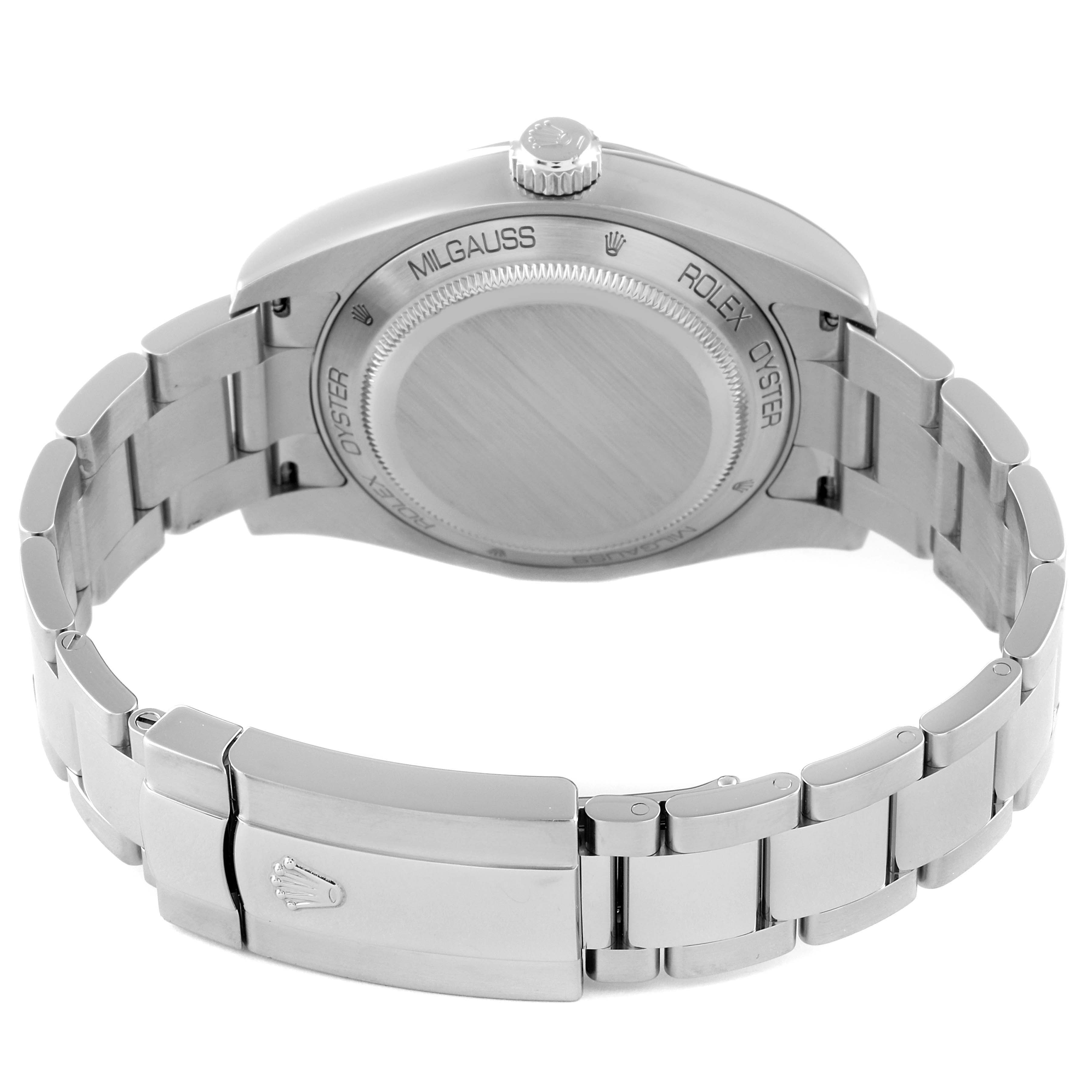 This image shows the back case and bracelet of a Rolex Milgauss 116400 Men's Stainless Steel White Dial 116400 Men's Stainless Steel White Dial watch, viewed from the rear.