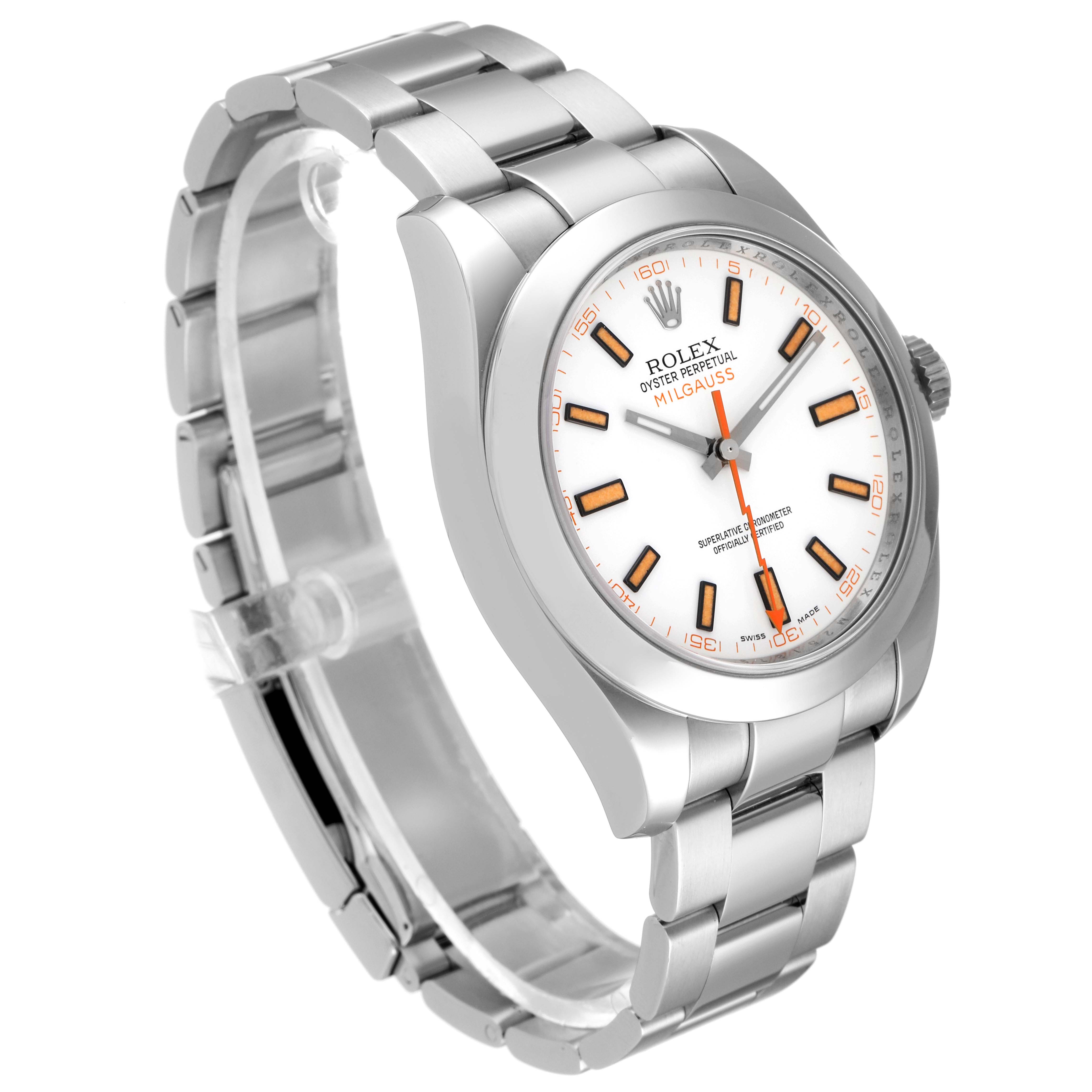 This image shows a side-angle view of a Rolex Milgauss 116400 Men's Stainless Steel White Dial 116400 Men's Stainless Steel White Dial watch, highlighting the dial, bezel, and bracelet.