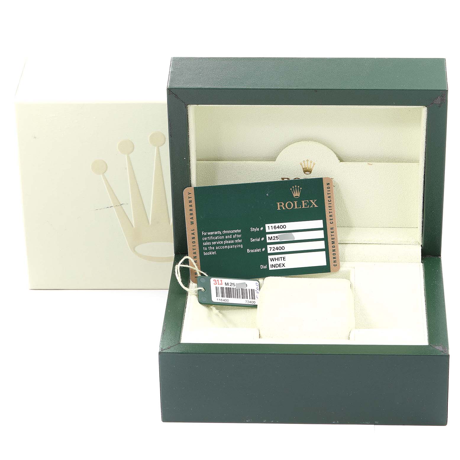 The image shows the Rolex Milgauss 116400 Men's Stainless Steel White Dial 116400 Men's Stainless Steel White Dial watch box with its certification and tags.