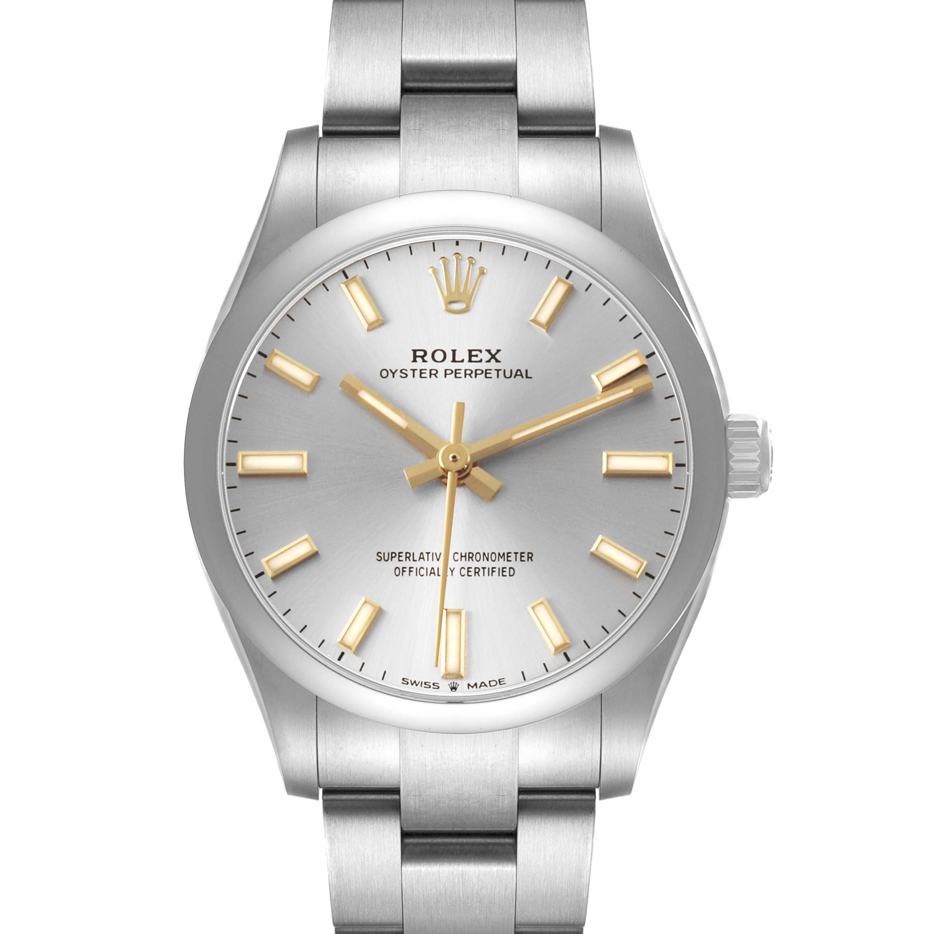 The Rolex Mid-Size 277200 Women's Stainless Steel Silver Dial watch is shown from the front, displaying the dial, bezel, lugs, and bracelet.