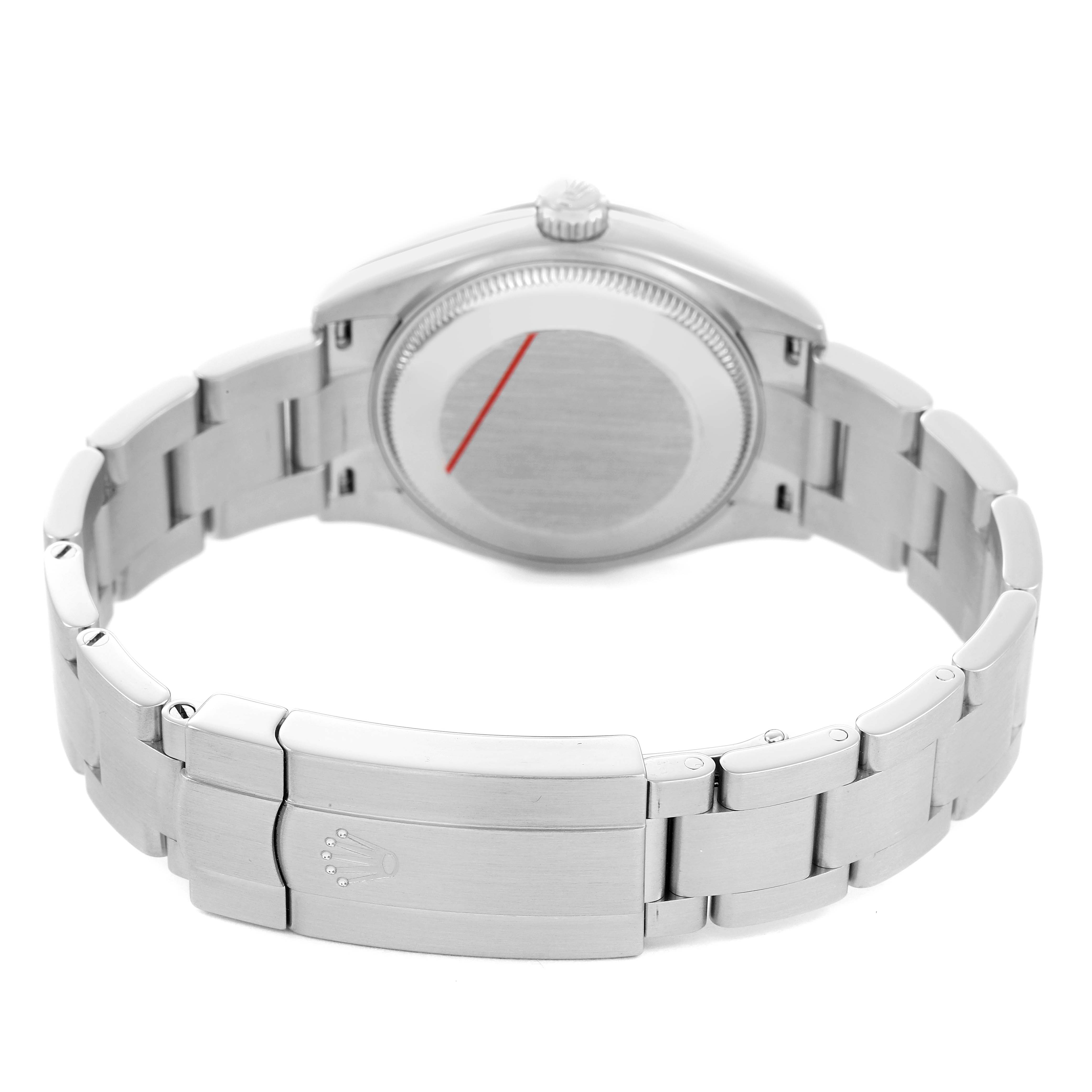 The image shows the back of a Rolex Mid-Size 277200 Women's Stainless Steel Silver Dial model highlighting the case back, bracelet, and clasp from a rear angle.