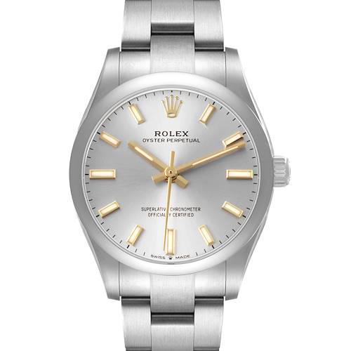 The image shows a front view of a Rolex Mid-Size 277200 Women's Stainless Steel Silver Dial Oyster Perpetual watch, highlighting its dial, hands, indices, and bracelet.
