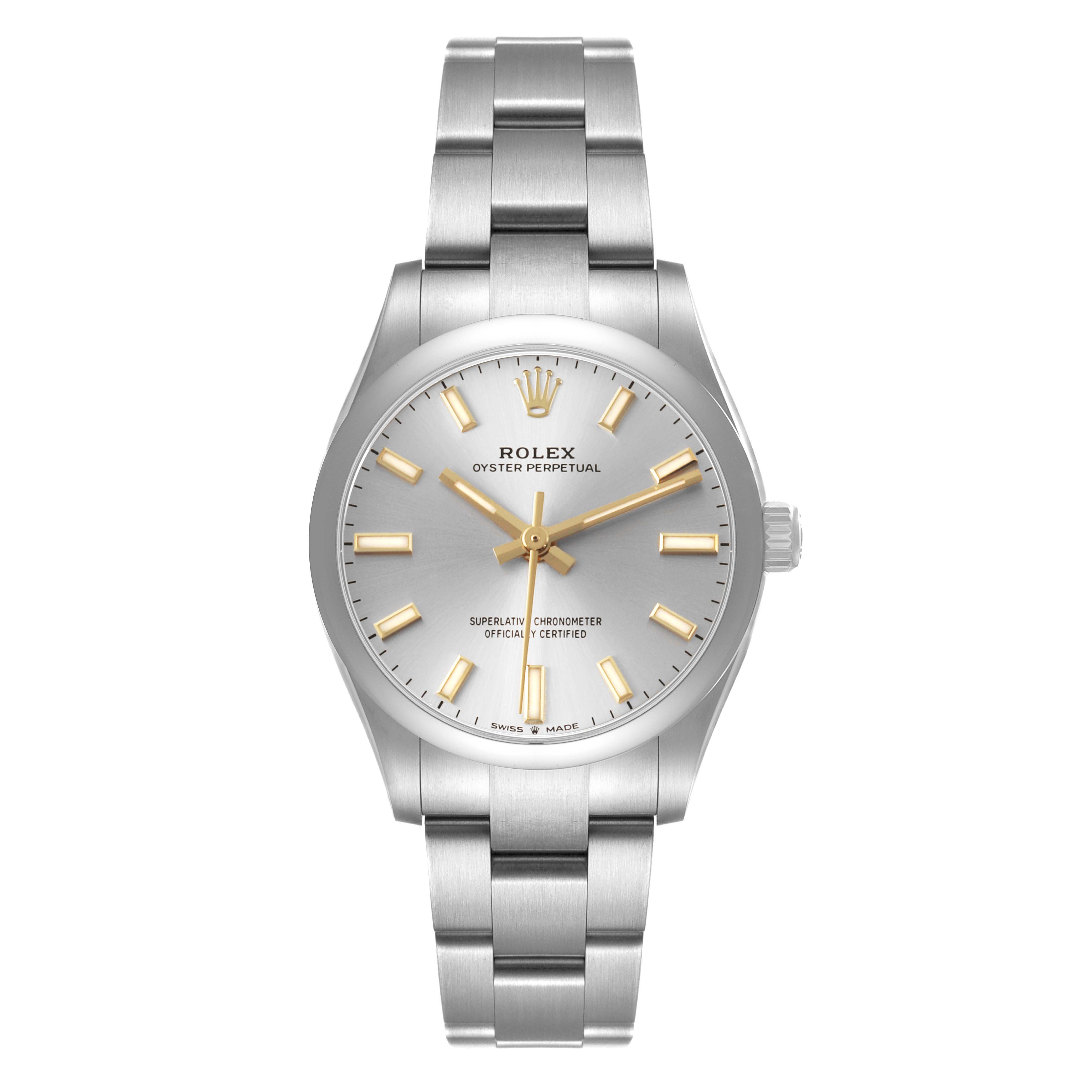 The Rolex Mid-Size 277200 Women's Stainless Steel Silver Dial watch is shown from a front angle, displaying its dial, bracelet, and crown.
